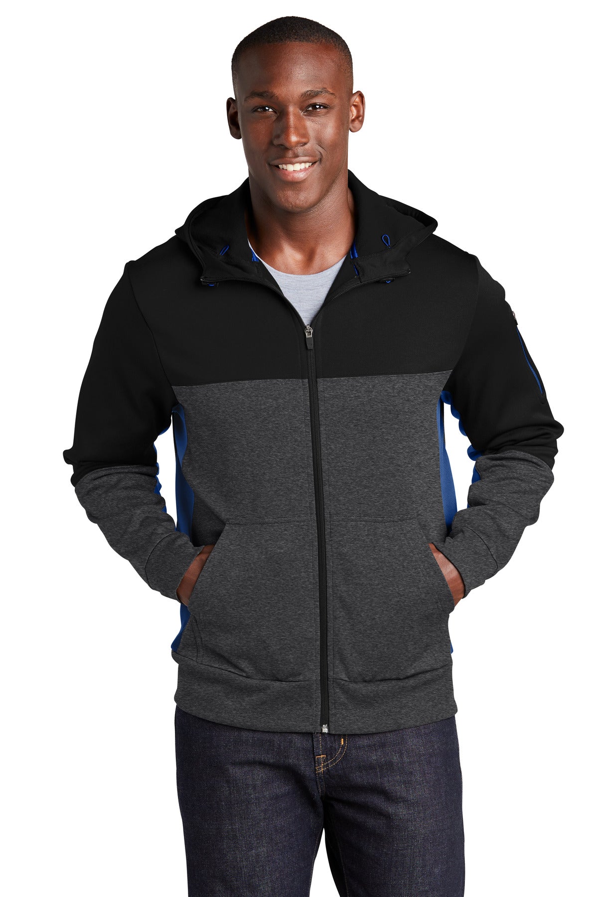 Custom Embroidered or DTF Print on Sport-Tek ®  Tech Fleece Colorblock Full-Zip Hooded Jacket. ST245