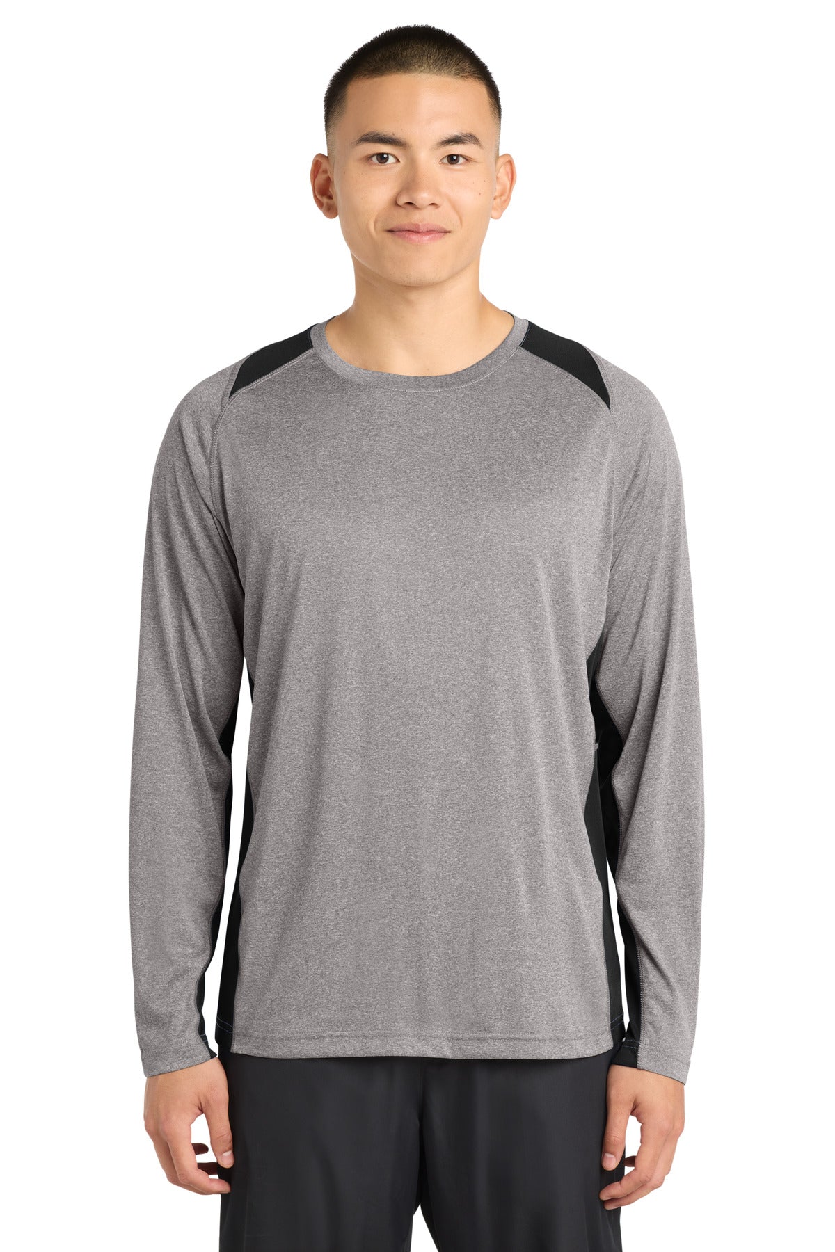 Custom Embroidery or DTF Print - Sport-Tek ®  Long Sleeve Heather Colorblock Contender ™  Tee. ST361LS