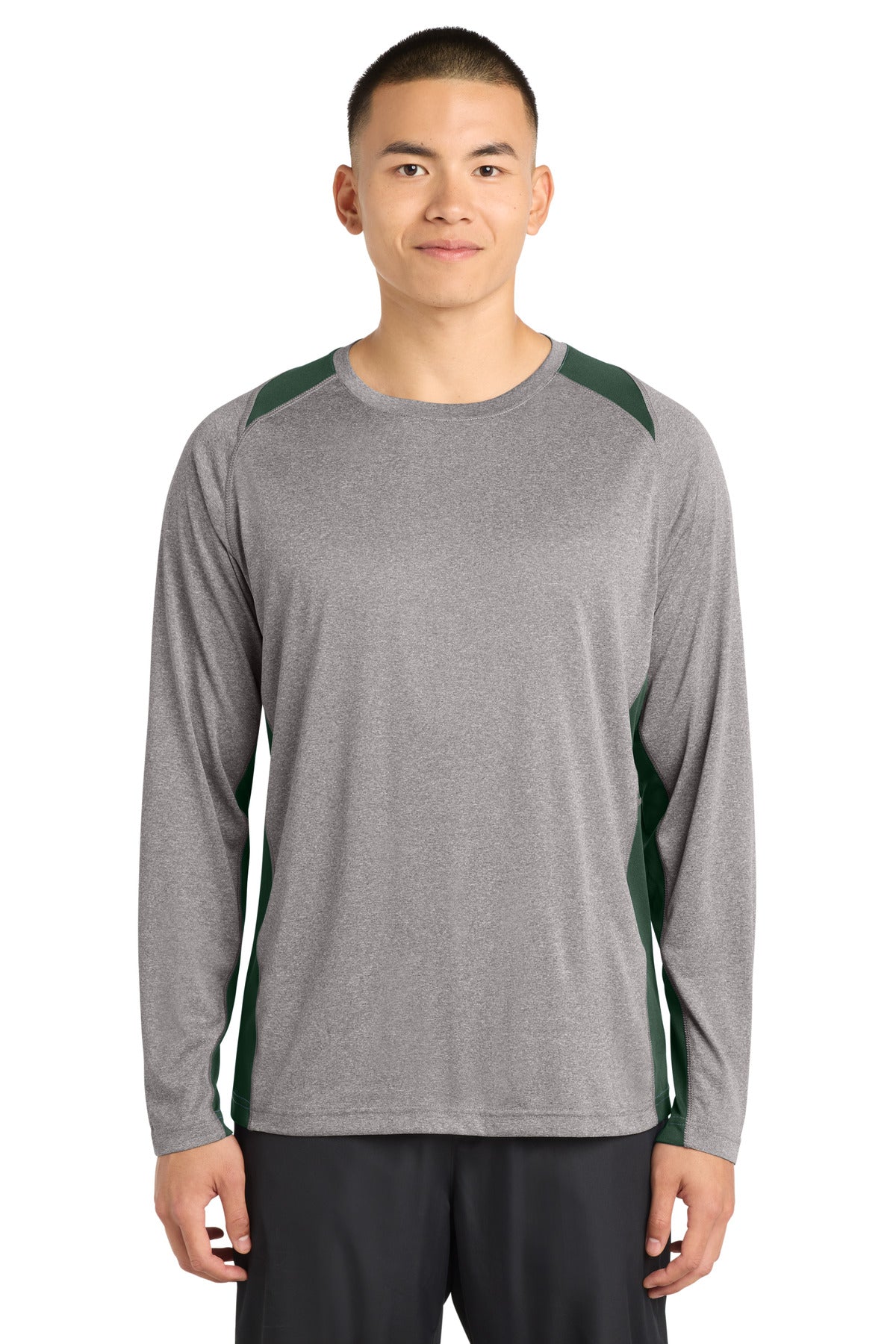 Custom Embroidery or DTF Print - Sport-Tek ®  Long Sleeve Heather Colorblock Contender ™  Tee. ST361LS