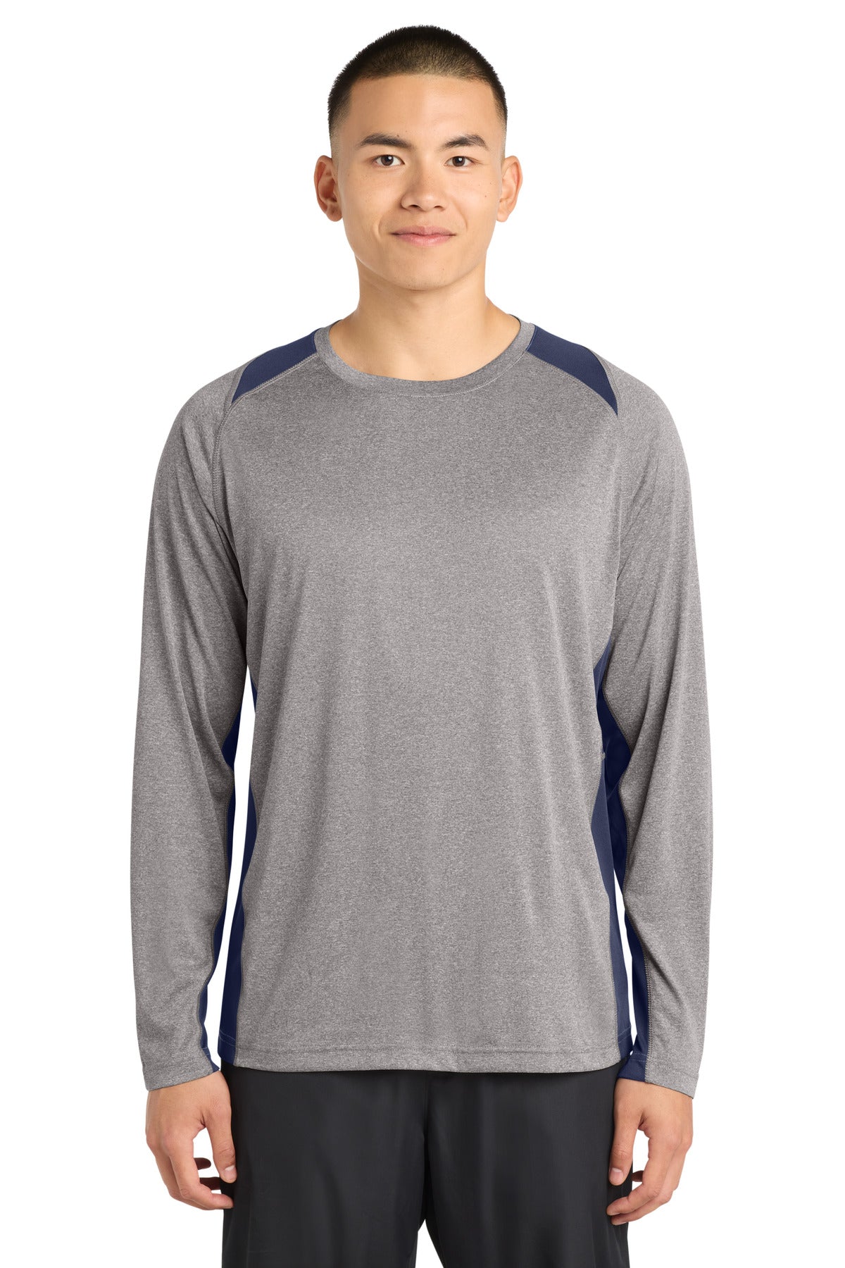 Custom Embroidery or DTF Print - Sport-Tek ®  Long Sleeve Heather Colorblock Contender ™  Tee. ST361LS