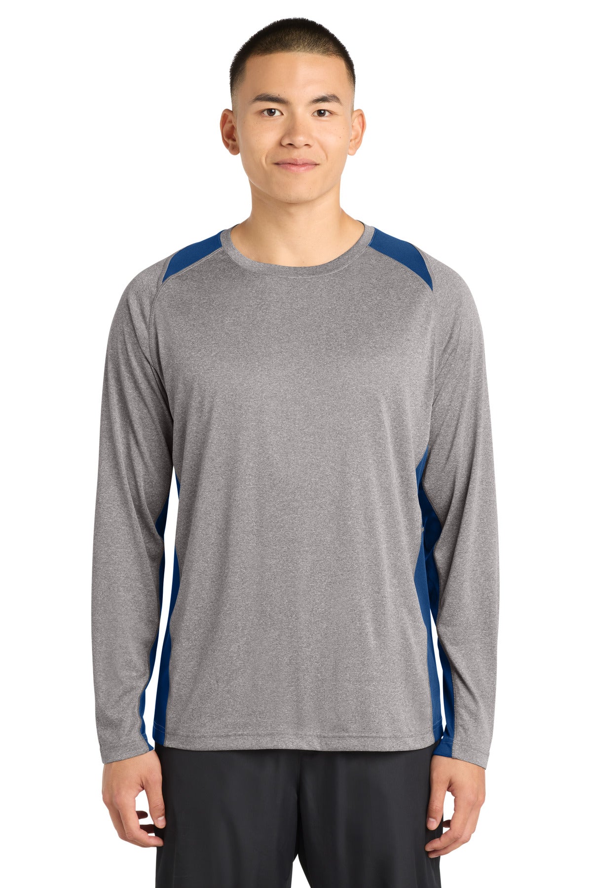 Custom Embroidery or DTF Print - Sport-Tek ®  Long Sleeve Heather Colorblock Contender ™  Tee. ST361LS