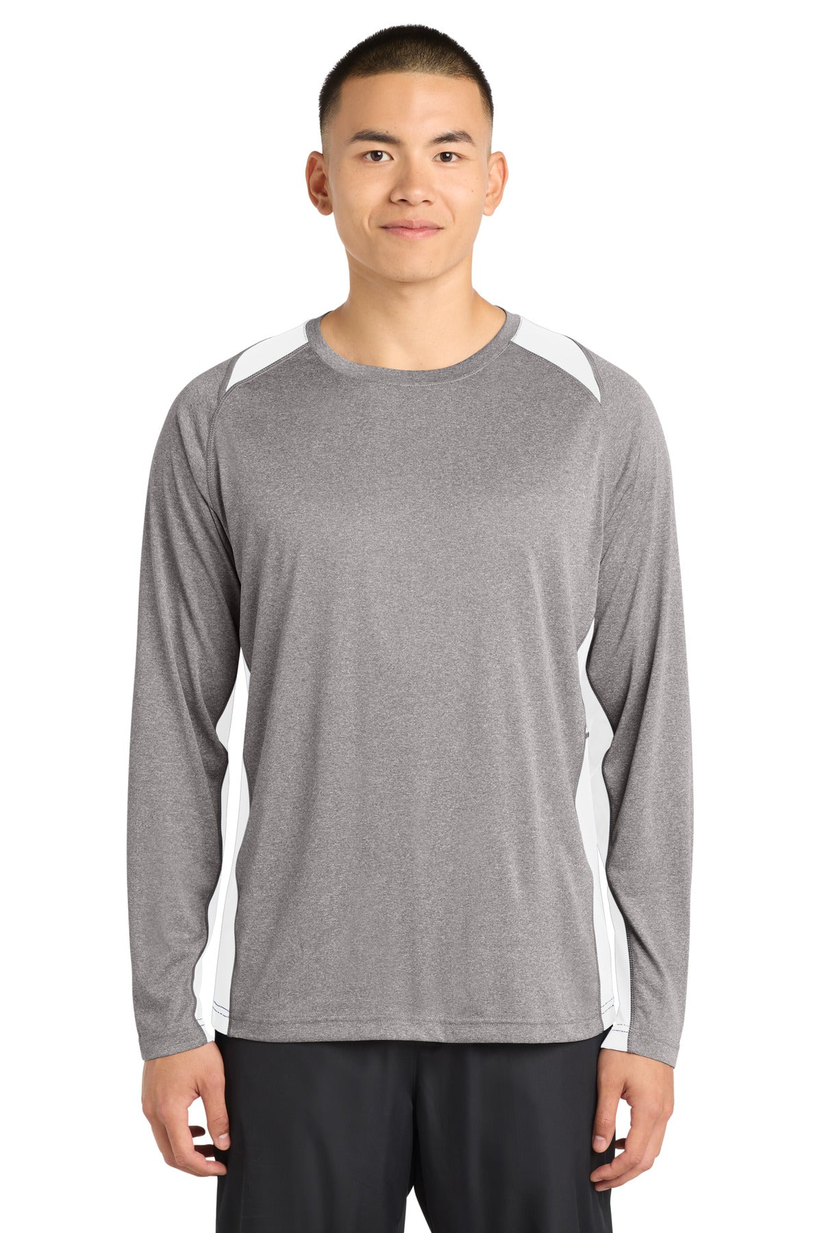 Custom Embroidery or DTF Print - Sport-Tek ®  Long Sleeve Heather Colorblock Contender ™  Tee. ST361LS