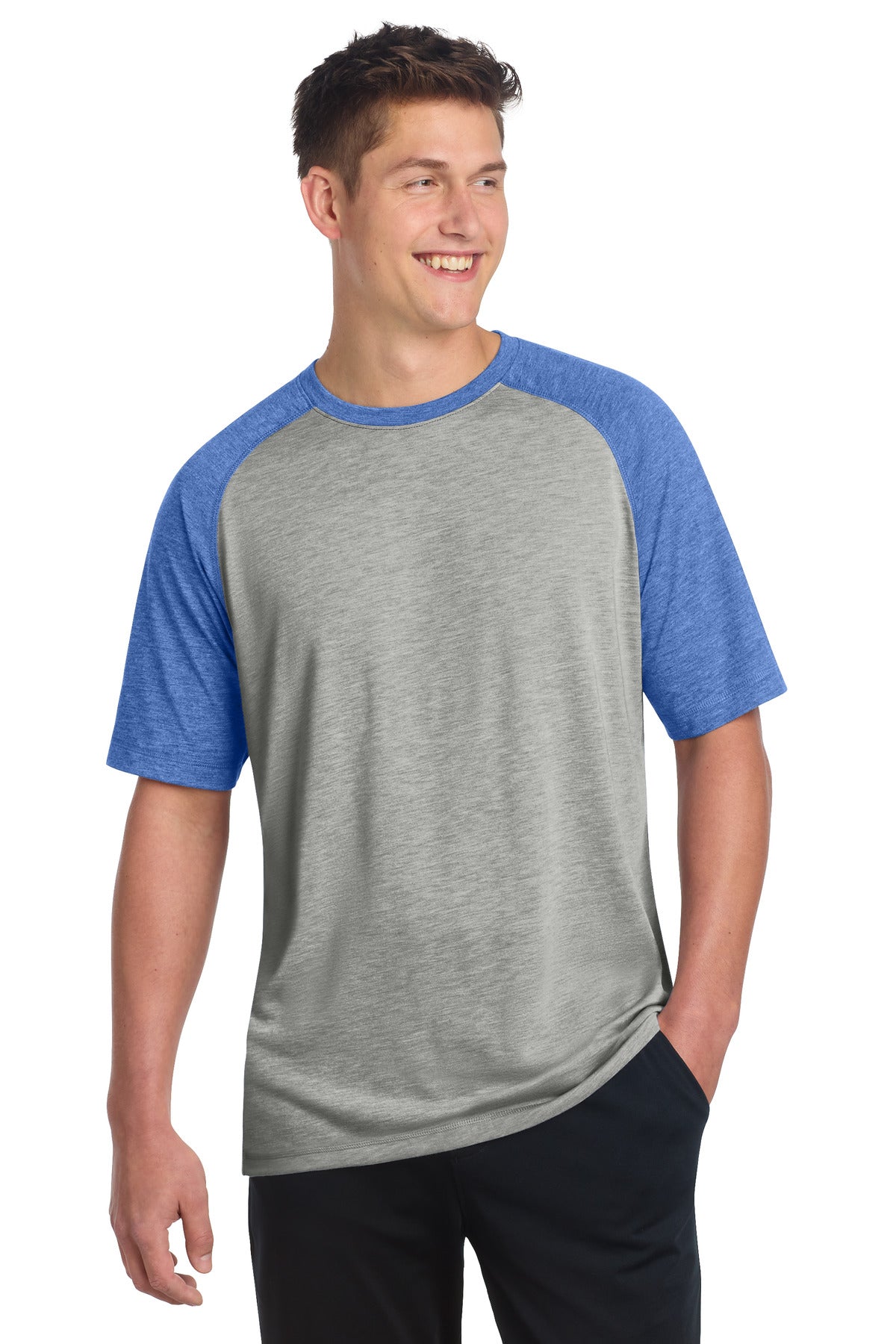 Custom Embroidery or DTF Print - Sport-Tek  ®  PosiCharge  ®  Tri-Blend Wicking Raglan Tee. ST400