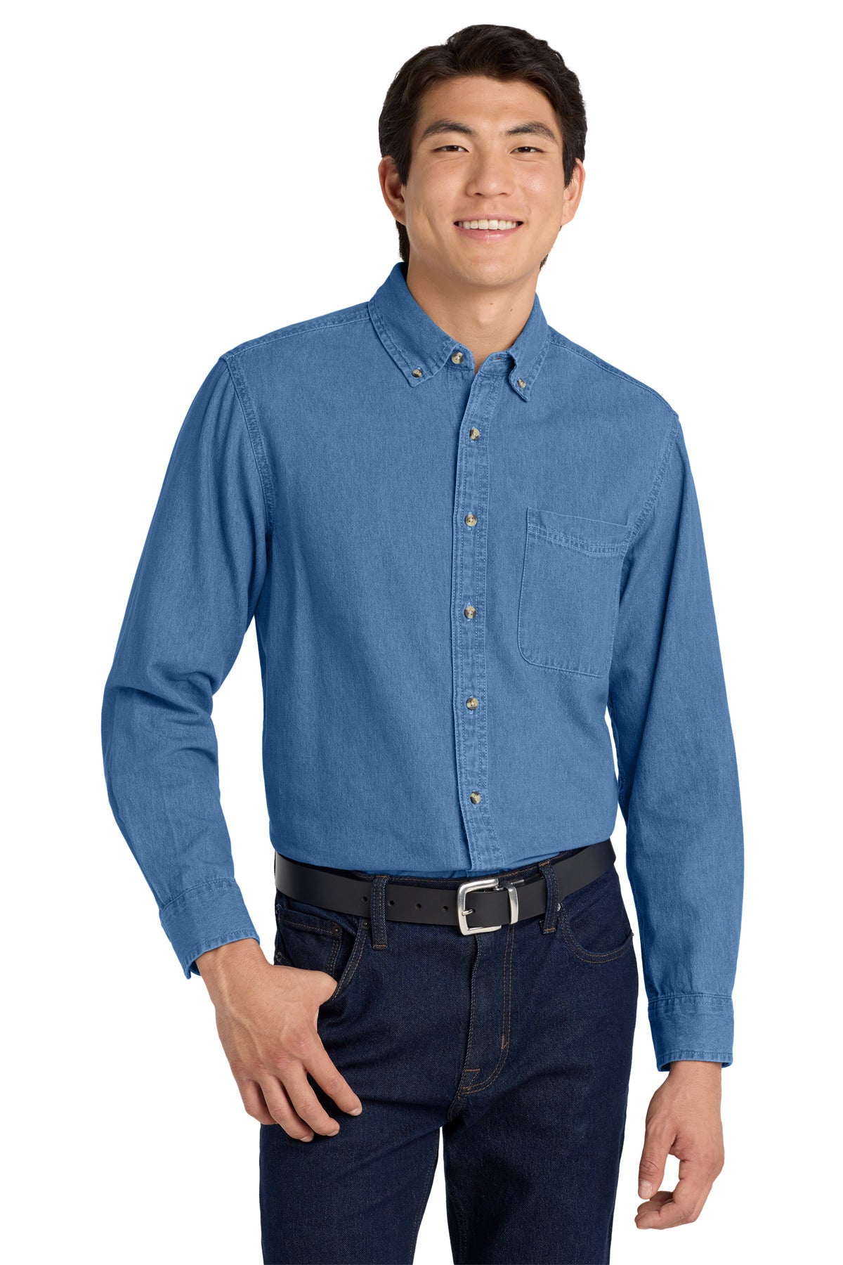 Custom Embroidery or DTF Print - Port Authority ®  Tall Long Sleeve Denim Shirt. TLS600