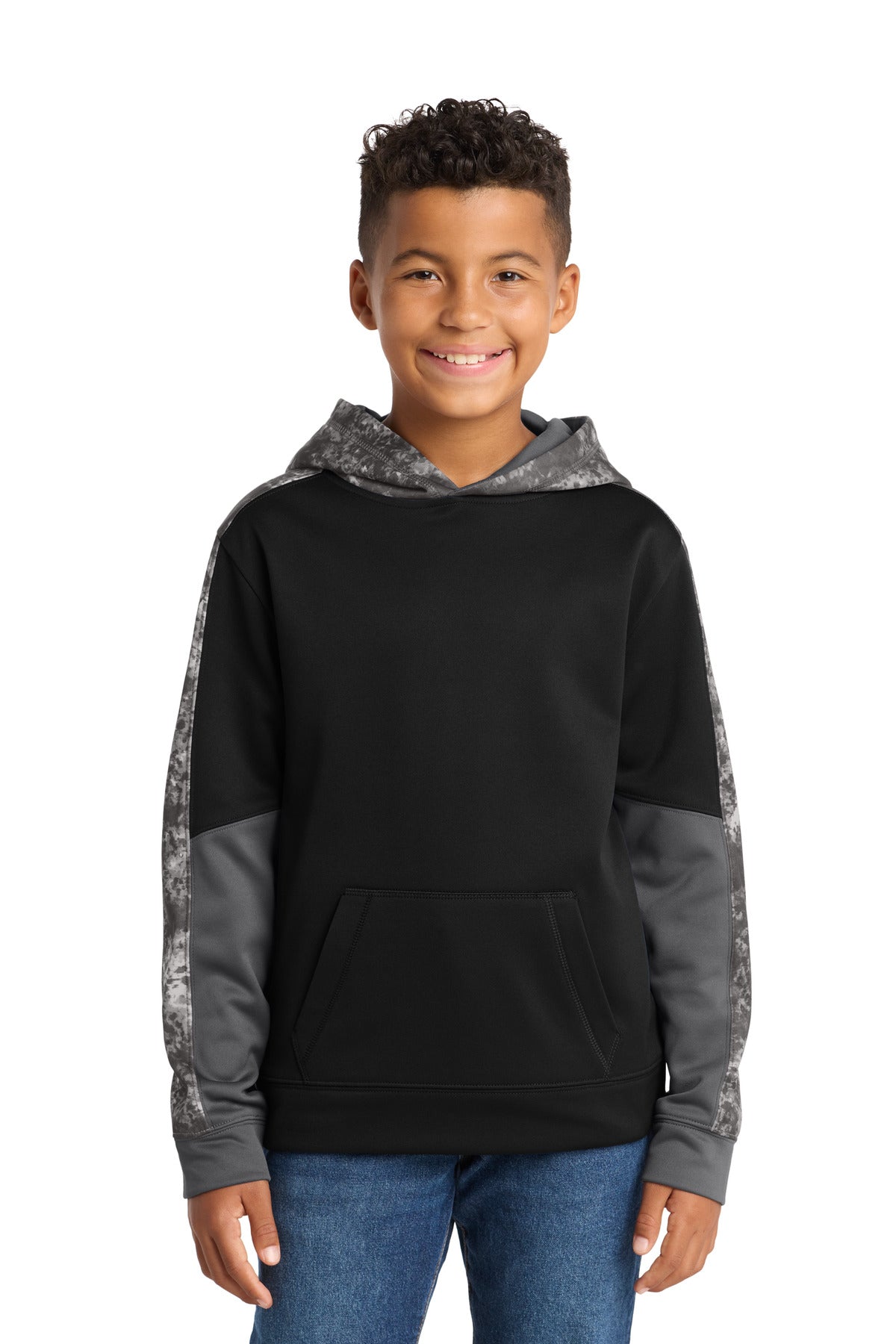 Custom Embroidered or DTF Print on Sport-Tek ®  Youth Sport-Wick ®  Mineral Freeze Fleece Colorblock Hooded Pullover. YST231