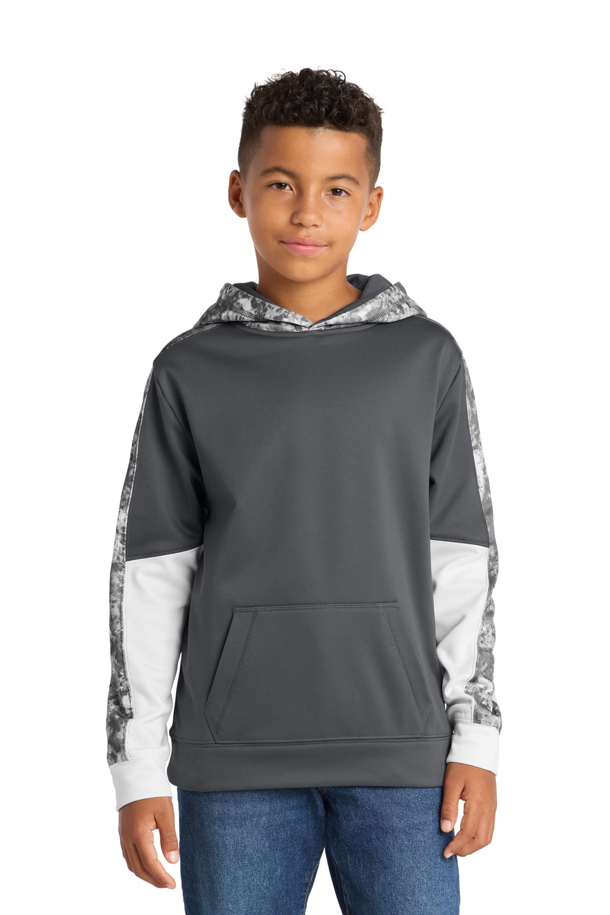 Custom Embroidered or DTF Print on Sport-Tek ®  Youth Sport-Wick ®  Mineral Freeze Fleece Colorblock Hooded Pullover. YST231