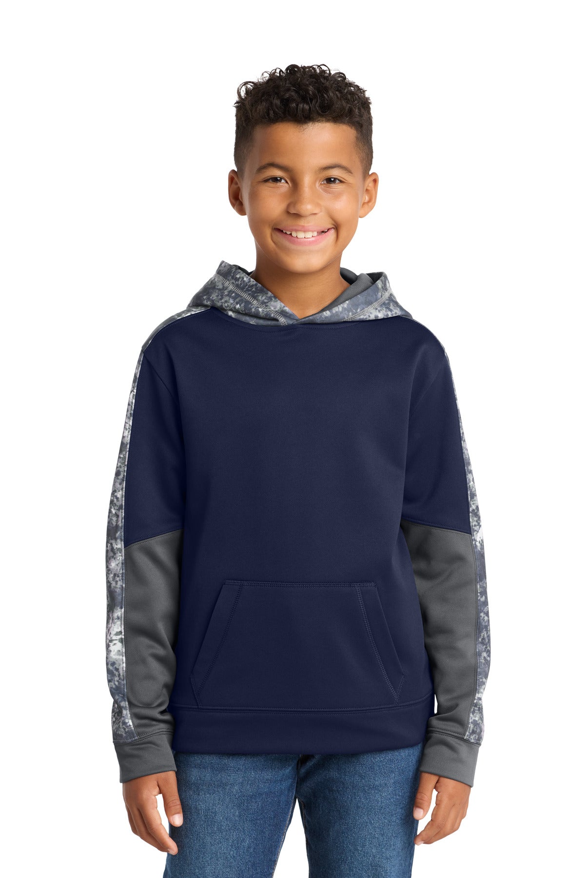Custom Embroidered or DTF Print on Sport-Tek ®  Youth Sport-Wick ®  Mineral Freeze Fleece Colorblock Hooded Pullover. YST231