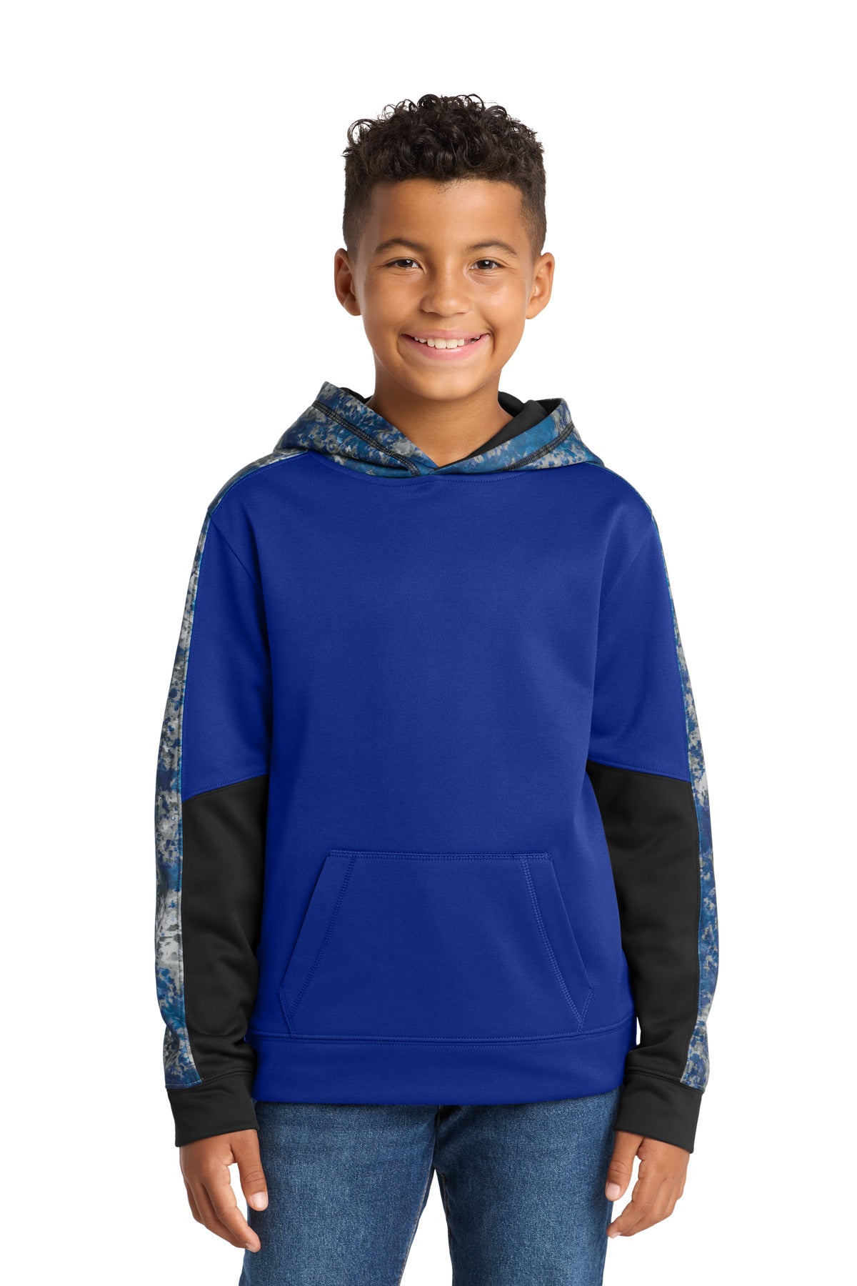 Custom Embroidered or DTF Print on Sport-Tek ®  Youth Sport-Wick ®  Mineral Freeze Fleece Colorblock Hooded Pullover. YST231