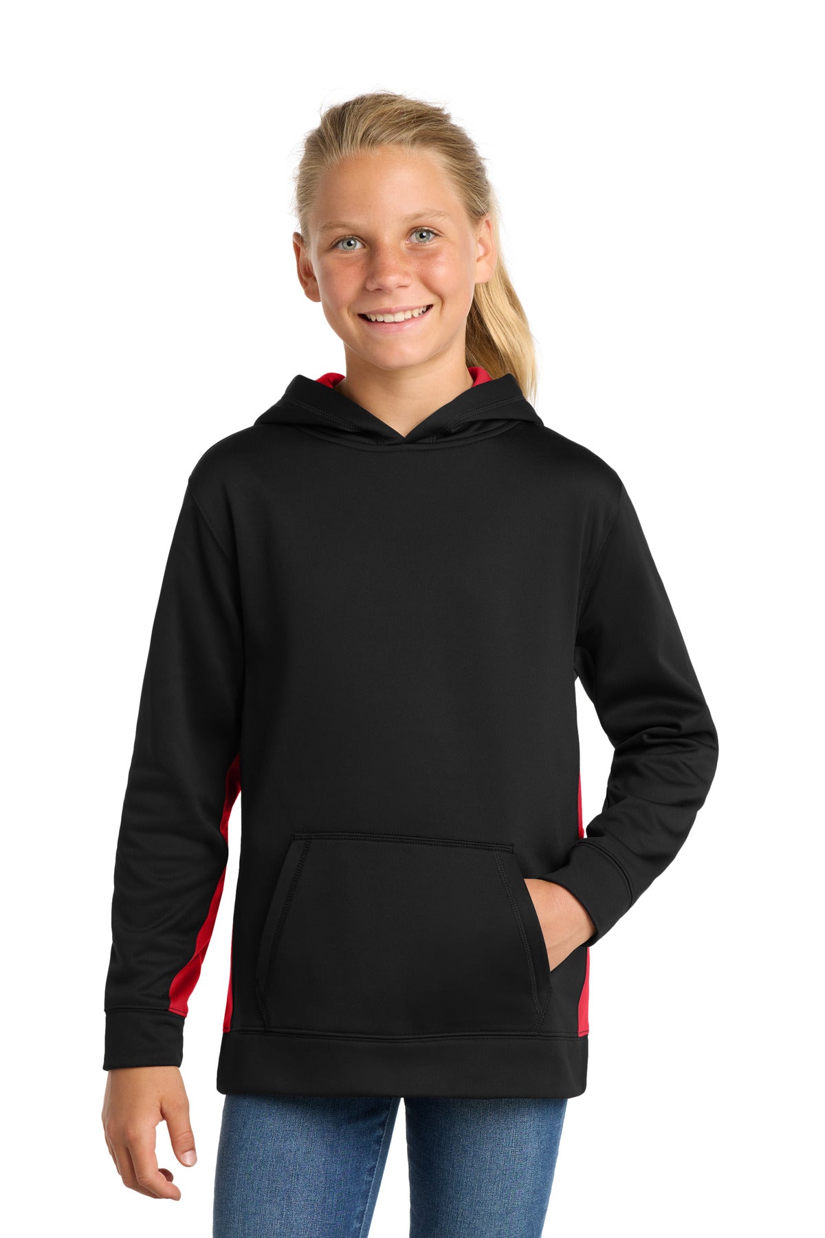 Custom Embroidered or DTF Print on Sport-Tek ®  Youth Sport-Wick ®  Fleece Colorblock Hooded Pullover.  YST235