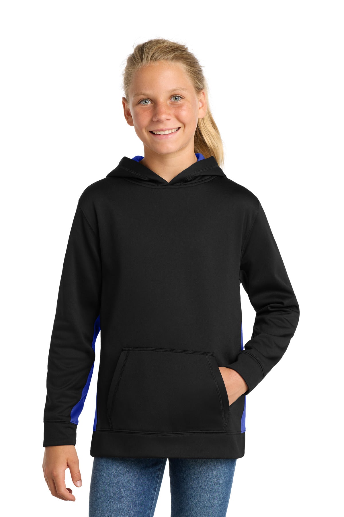 Custom Embroidered or DTF Print on Sport-Tek ®  Youth Sport-Wick ®  Fleece Colorblock Hooded Pullover.  YST235