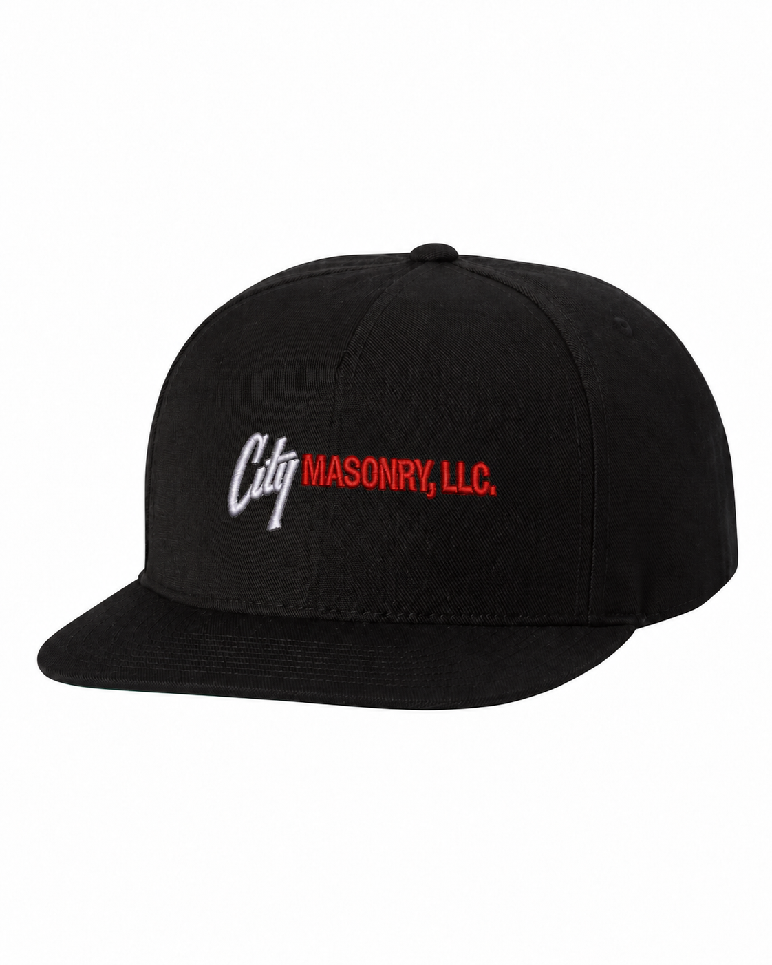 City Masonry 5089M — Black embroidered mockup, corrected 4-inch scale
