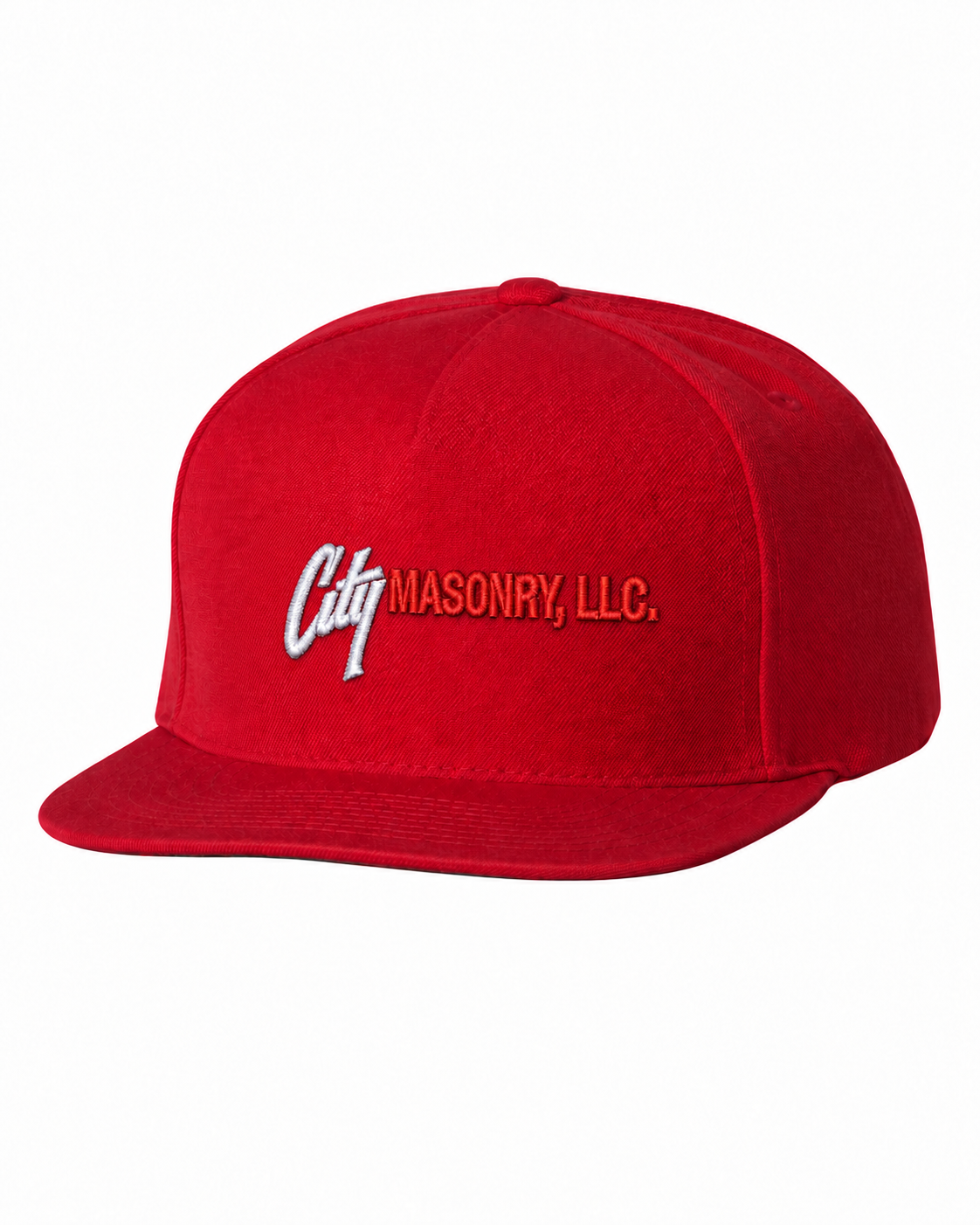 City Masonry 5089M — Red embroidered mockup, corrected 4-inch scale