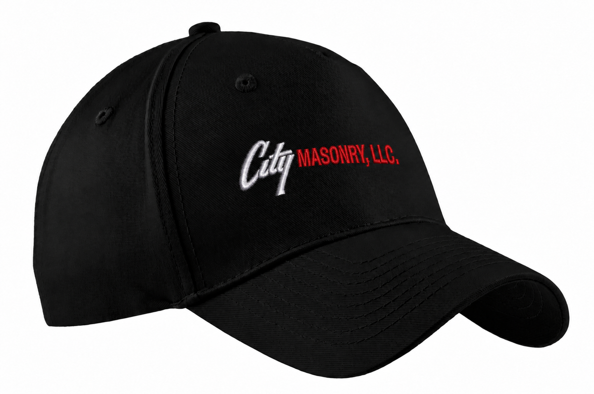City Masonry CP86 — Black embroidered mockup, corrected 4-inch scale