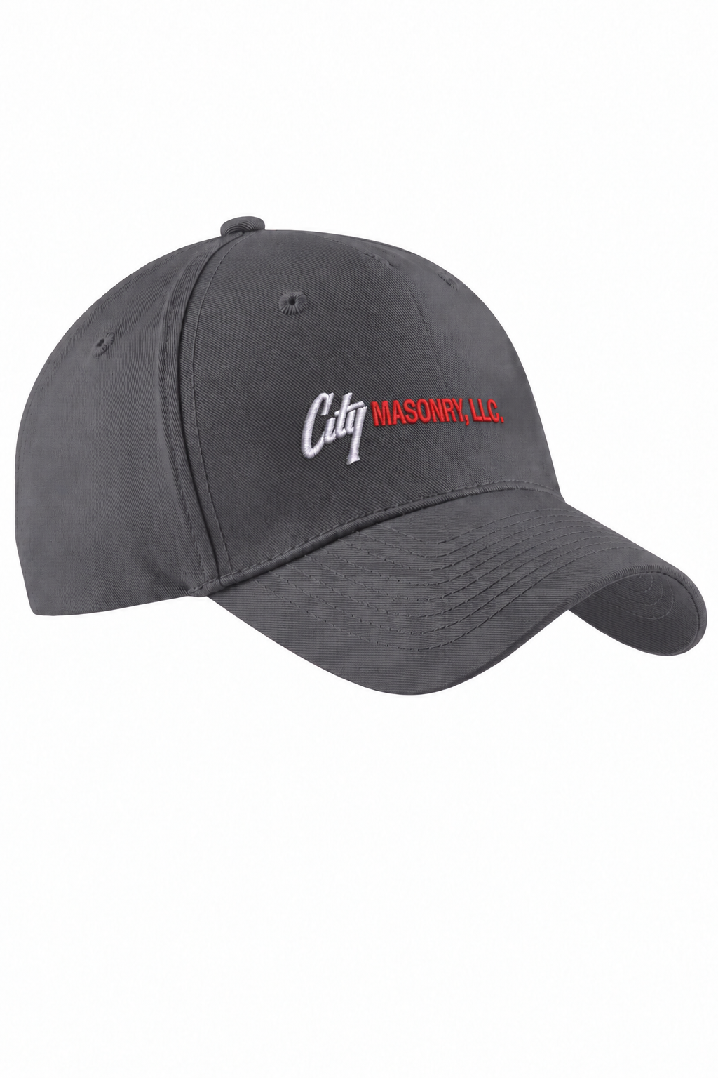 City Masonry CP86 — Charcoal embroidered mockup, corrected 4-inch scale