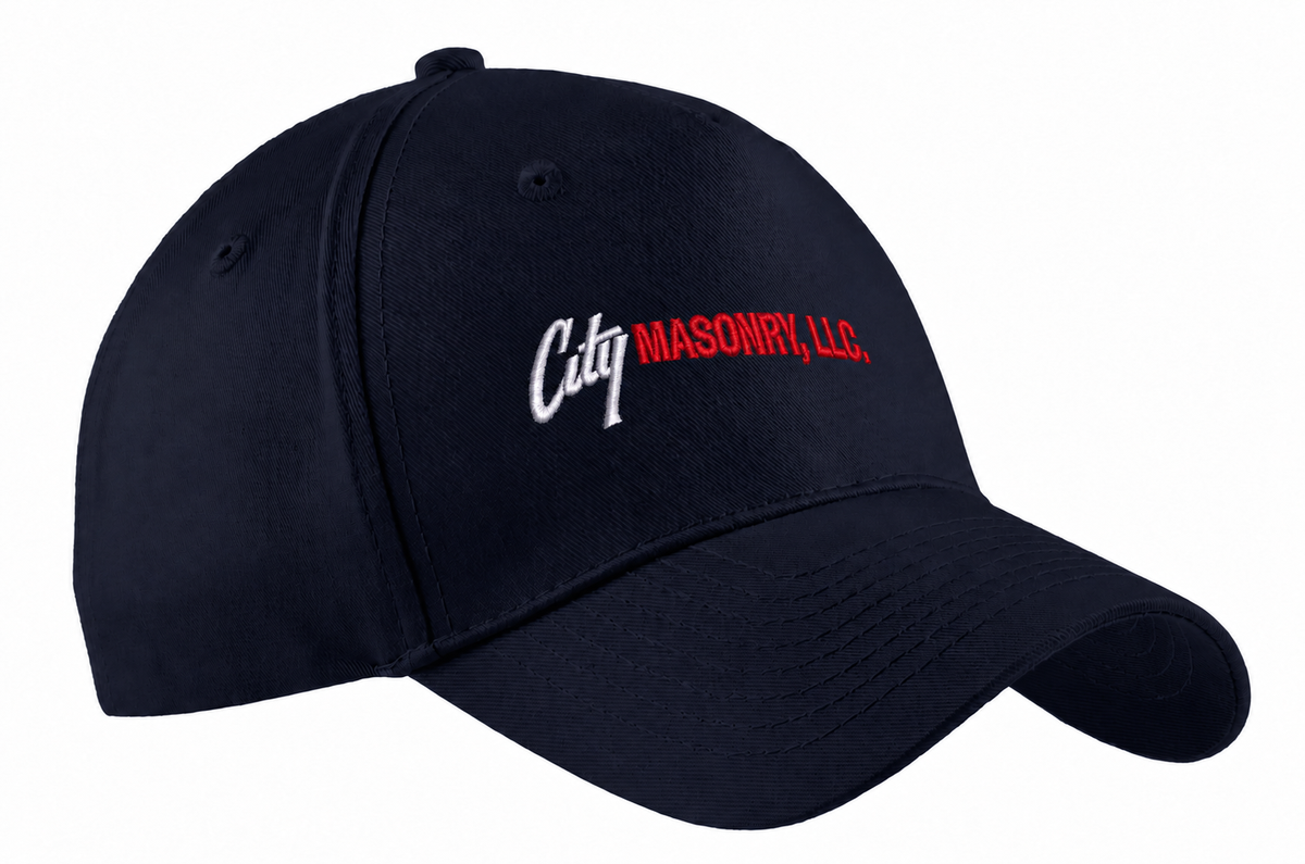 City Masonry CP86 — Navy embroidered mockup, corrected 4-inch scale