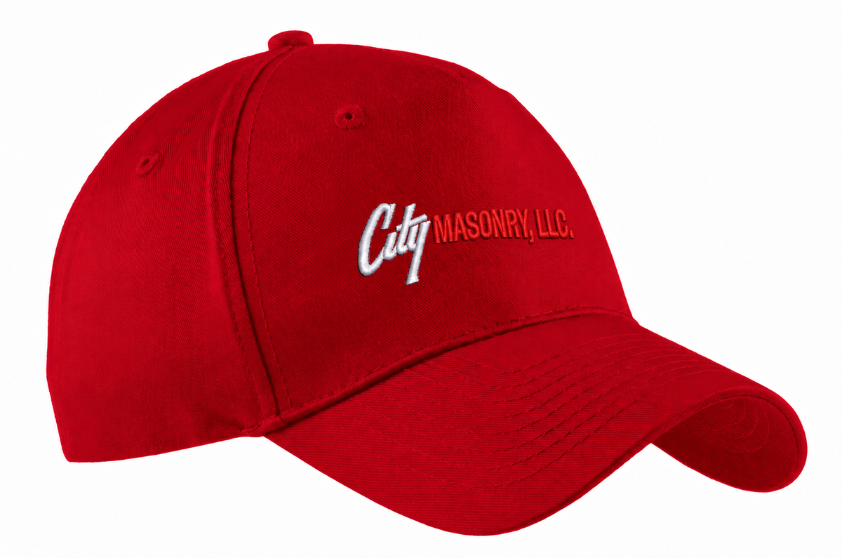 City Masonry CP86 — Red embroidered mockup, corrected 4-inch scale