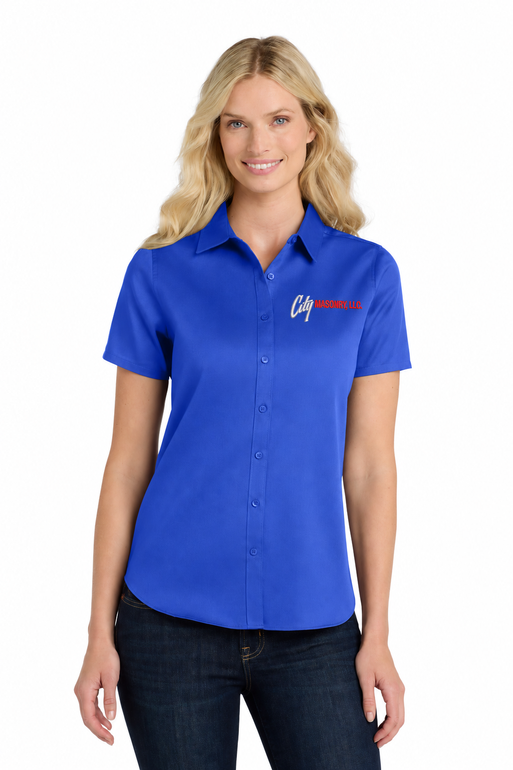 City Masonry LW809 — True Royal embroidered mockup