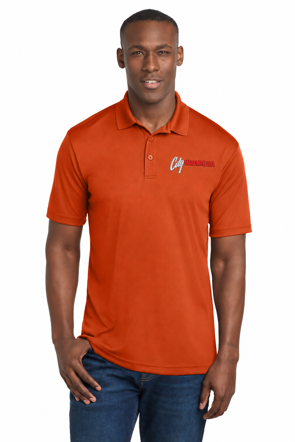 City Masonry ST550 — Deep Orange embroidered mockup