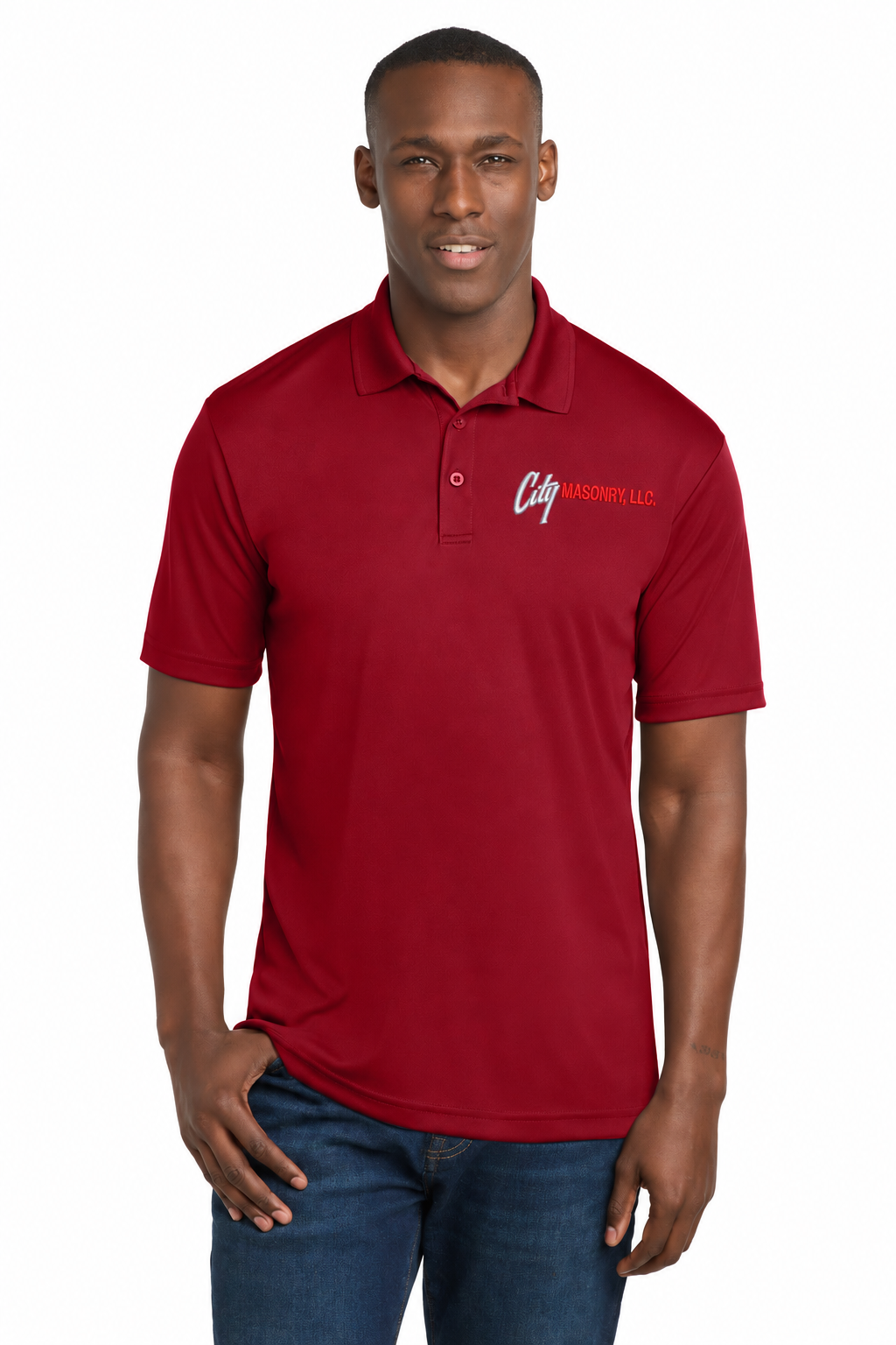 City Masonry ST550 — Deep Red embroidered mockup