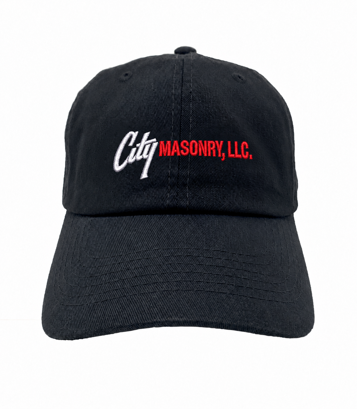City Masonry VC300A — Black embroidered mockup, corrected 4-inch scale