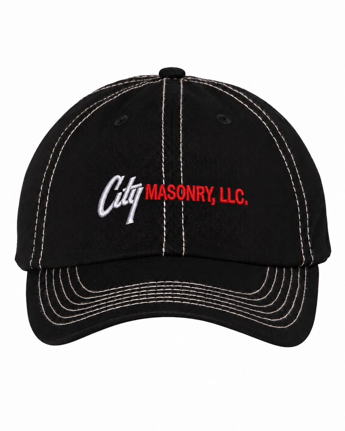 City Masonry VC300A — Black/ Stone embroidered mockup, corrected 4-inch scale