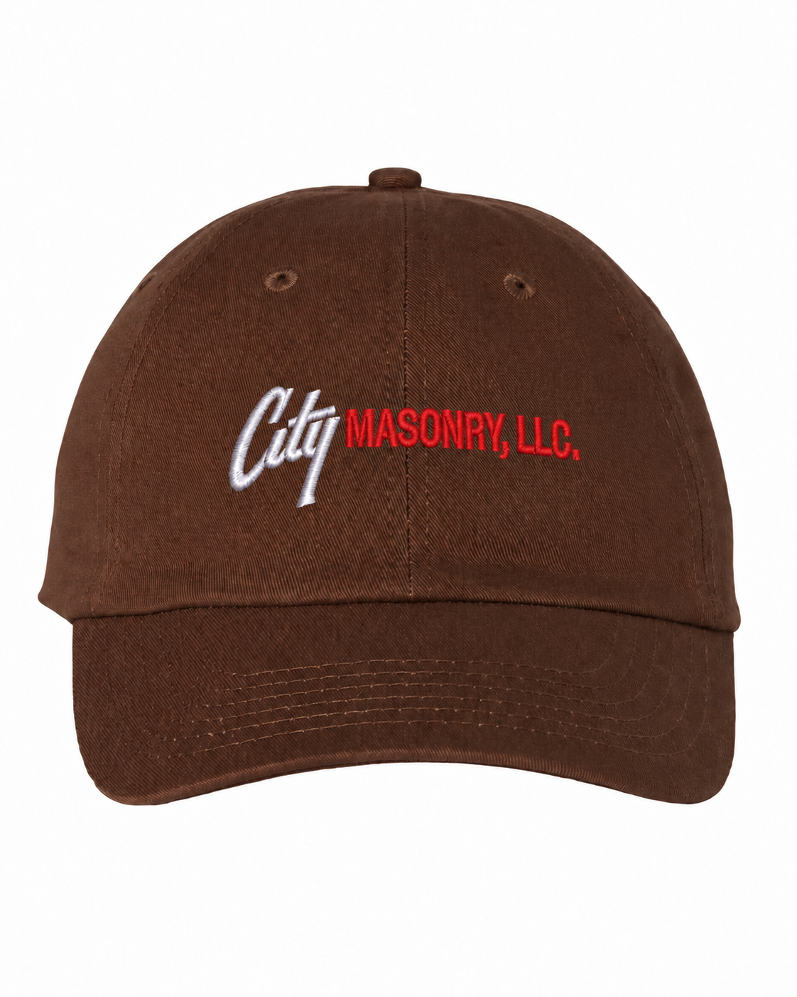 City Masonry VC300A — Brown embroidered mockup, corrected 4-inch scale