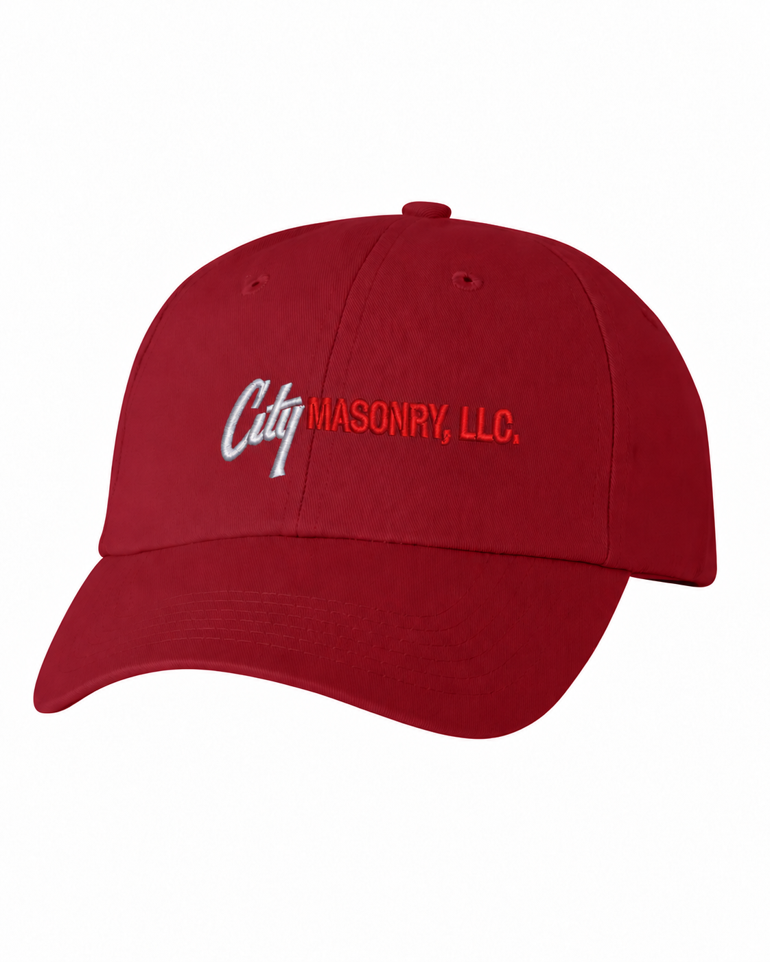 City Masonry VC300A — Cardinal embroidered mockup, corrected 4-inch scale