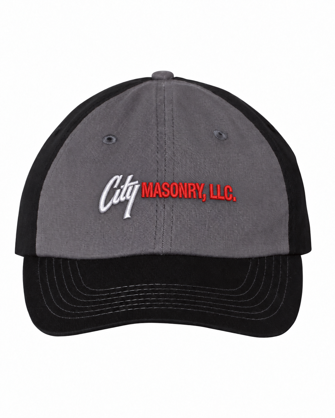 City Masonry VC300A — Charcoal/ Black embroidered mockup, corrected 4-inch scale