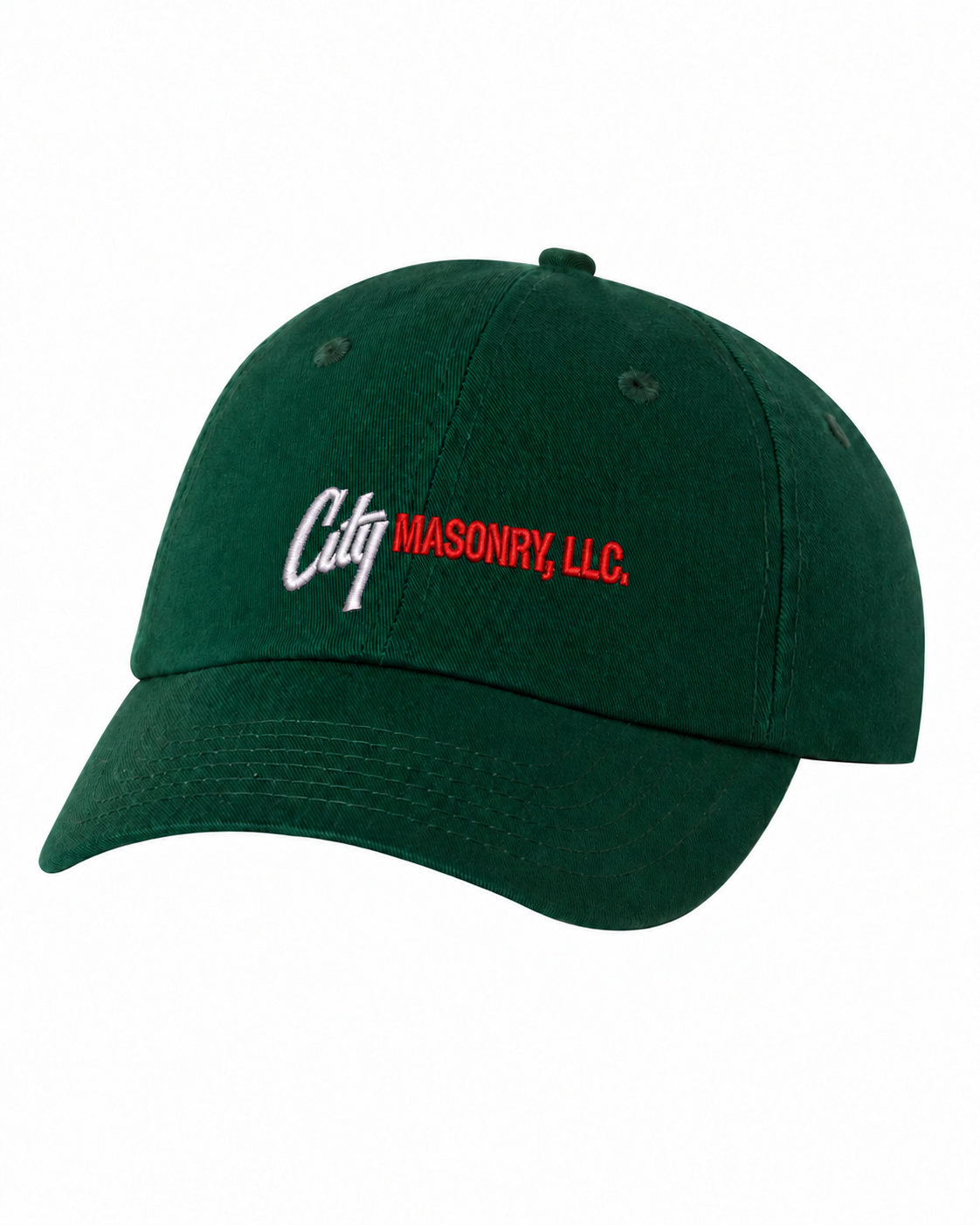 City Masonry VC300A — Forest Green embroidered mockup, corrected 4-inch scale