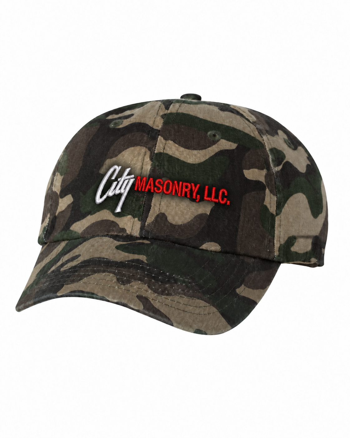 City Masonry VC300A — Green Camo embroidered mockup, corrected 4-inch scale