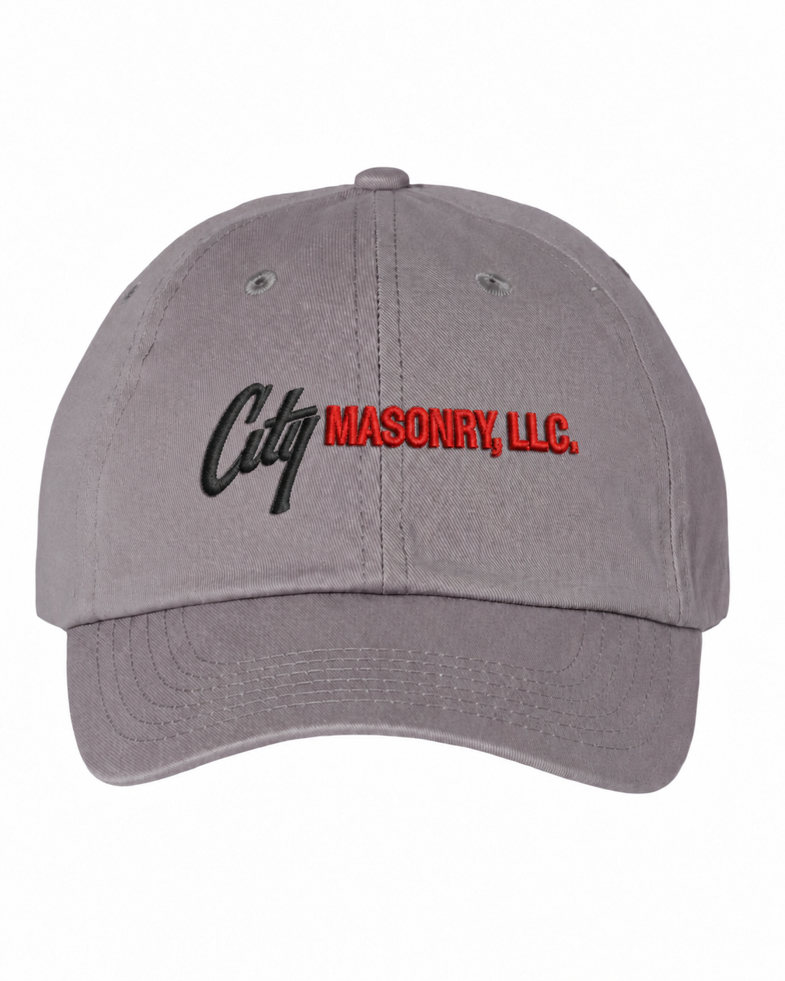 City Masonry VC300A — Grey embroidered mockup, corrected 4-inch scale