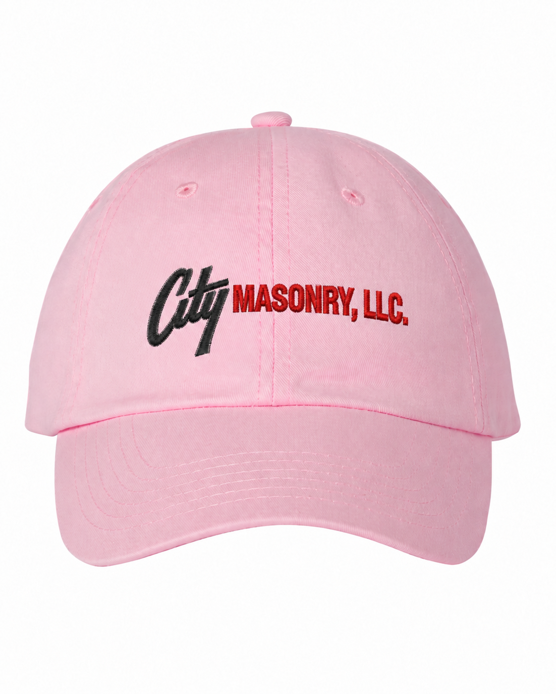 City Masonry VC300A — Light Pink embroidered mockup, corrected 4-inch scale