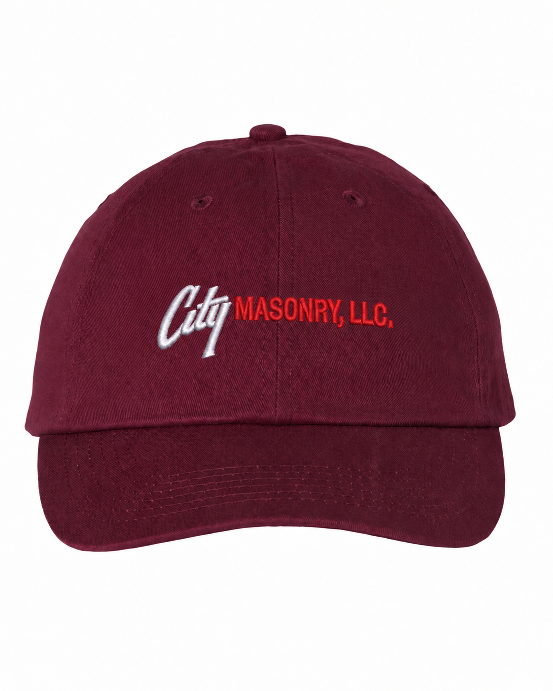 City Masonry VC300A — Maroon embroidered mockup, corrected 4-inch scale