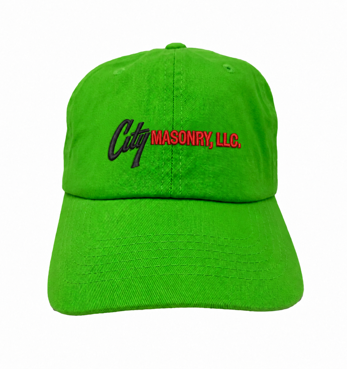 City Masonry VC300A — Neon Green embroidered mockup, corrected 4-inch scale