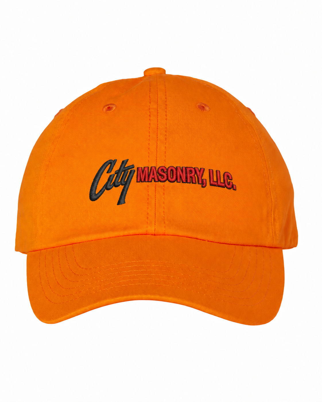City Masonry VC300A — Neon Orange embroidered mockup, corrected 4-inch scale