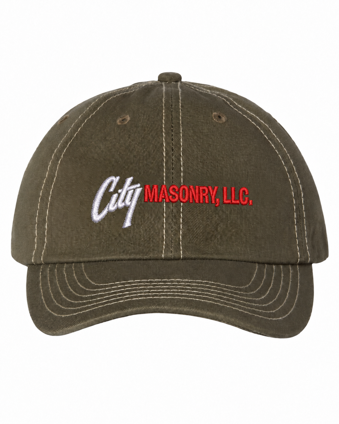City Masonry VC300A — Olive/ Stone embroidered mockup, corrected 4-inch scale