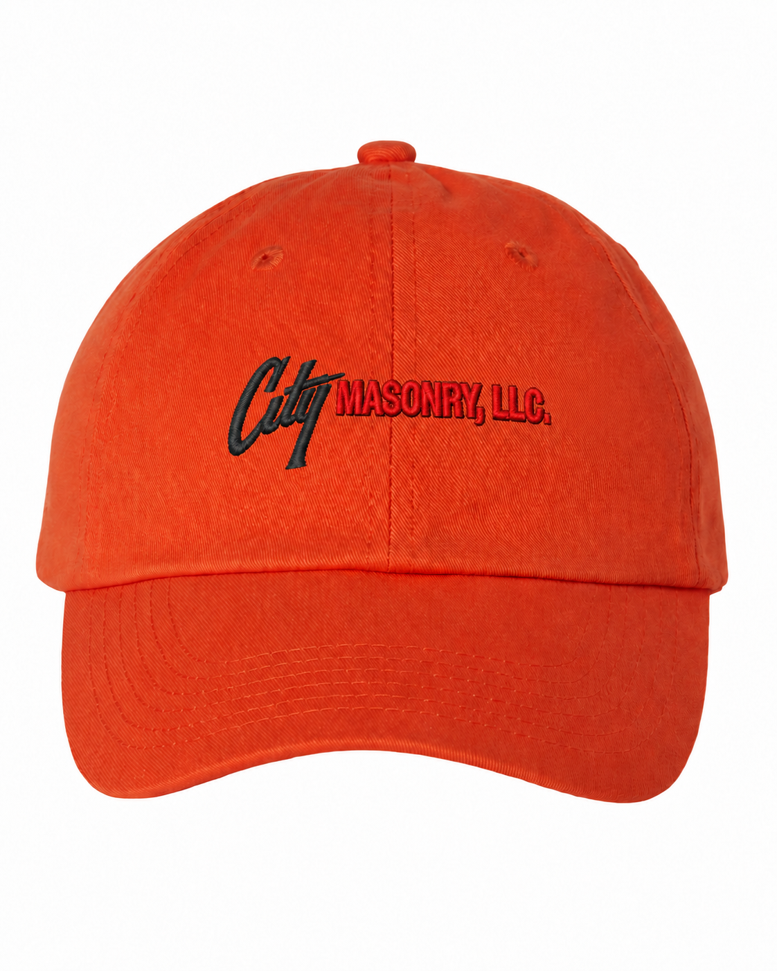 City Masonry VC300A — Orange embroidered mockup, corrected 4-inch scale