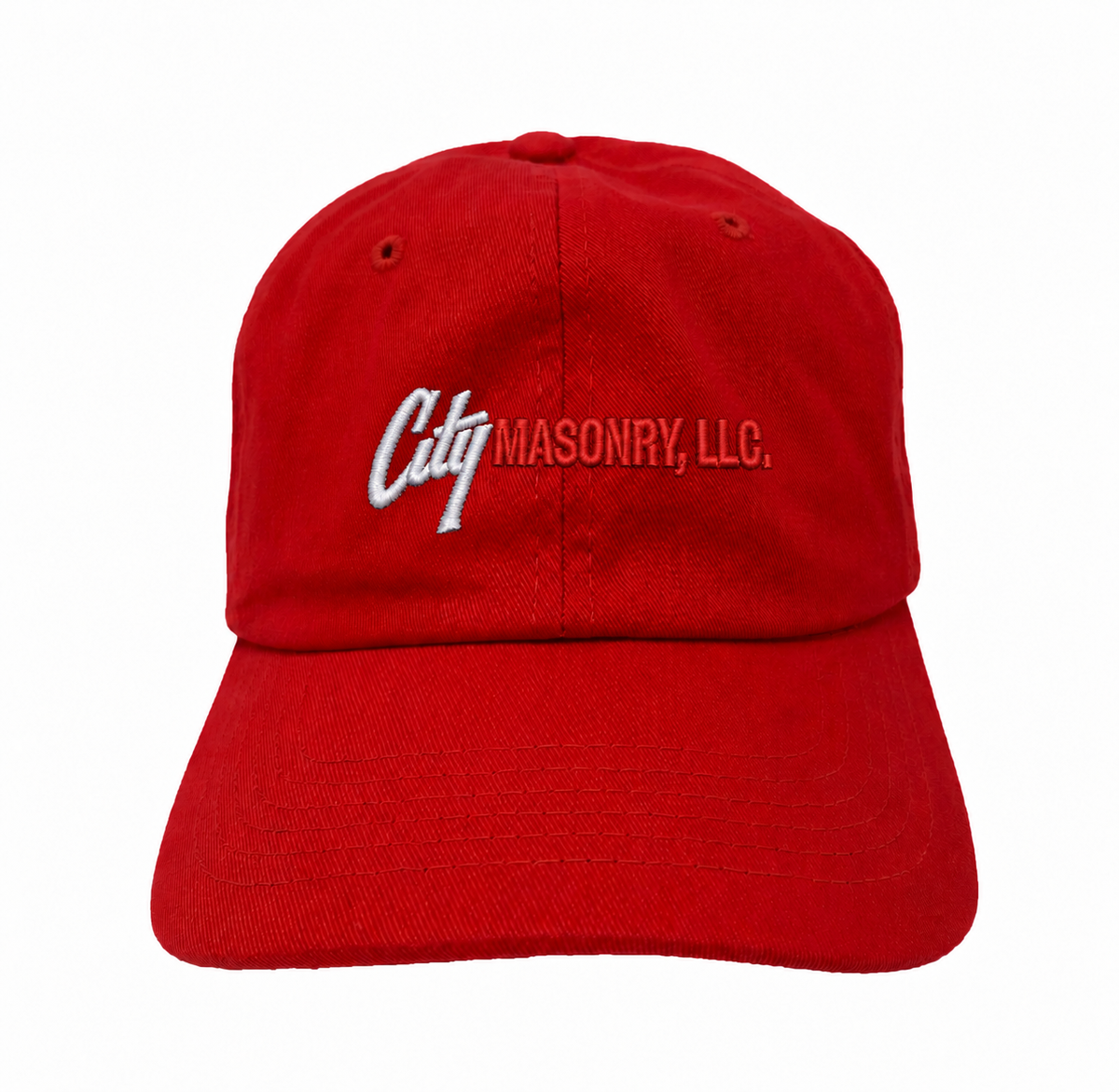 City Masonry VC300A — Red embroidered mockup, corrected 4-inch scale