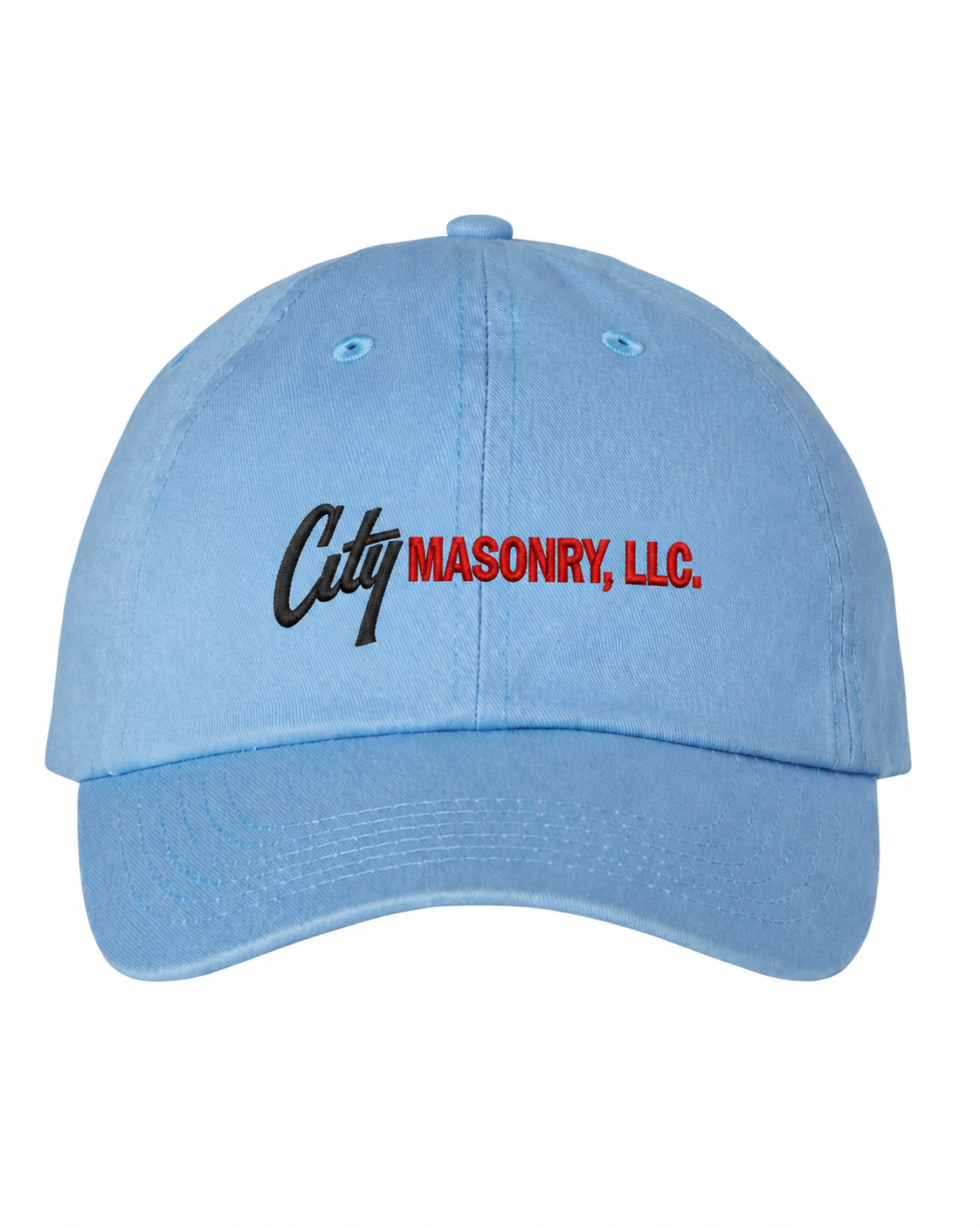 City Masonry VC300A — Sky Blue embroidered mockup, corrected 4-inch scale