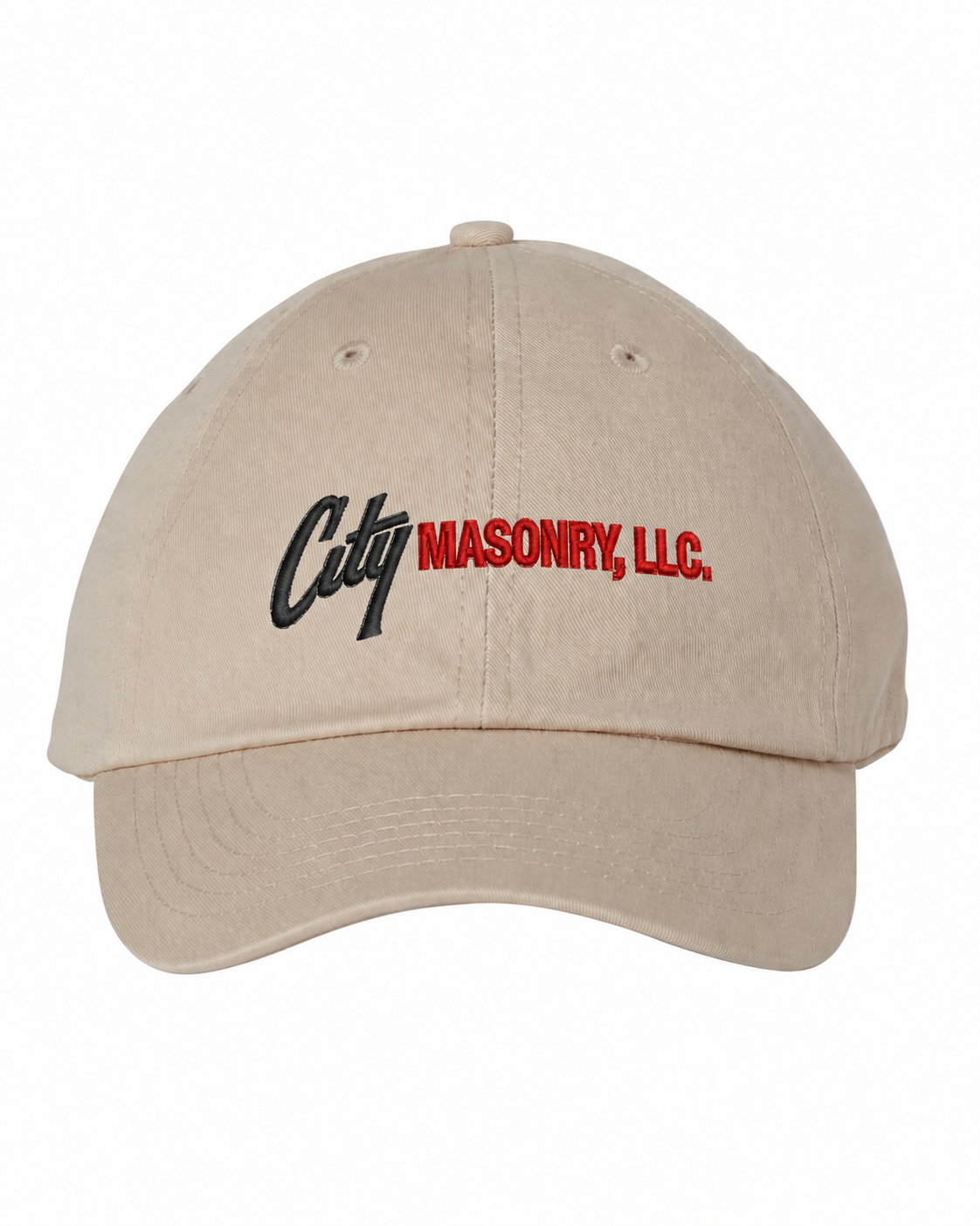 City Masonry VC300A — Stone embroidered mockup, corrected 4-inch scale