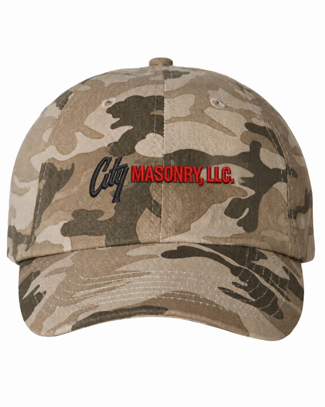 City Masonry VC300A — Tan Camo embroidered mockup, corrected 4-inch scale