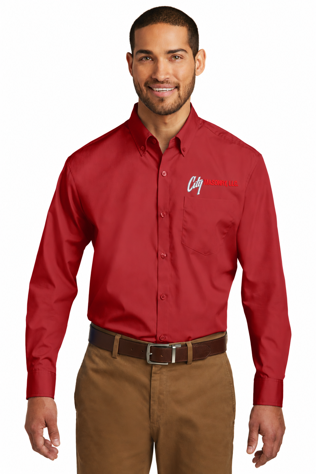 City Masonry W100 — Rich Red embroidered mockup