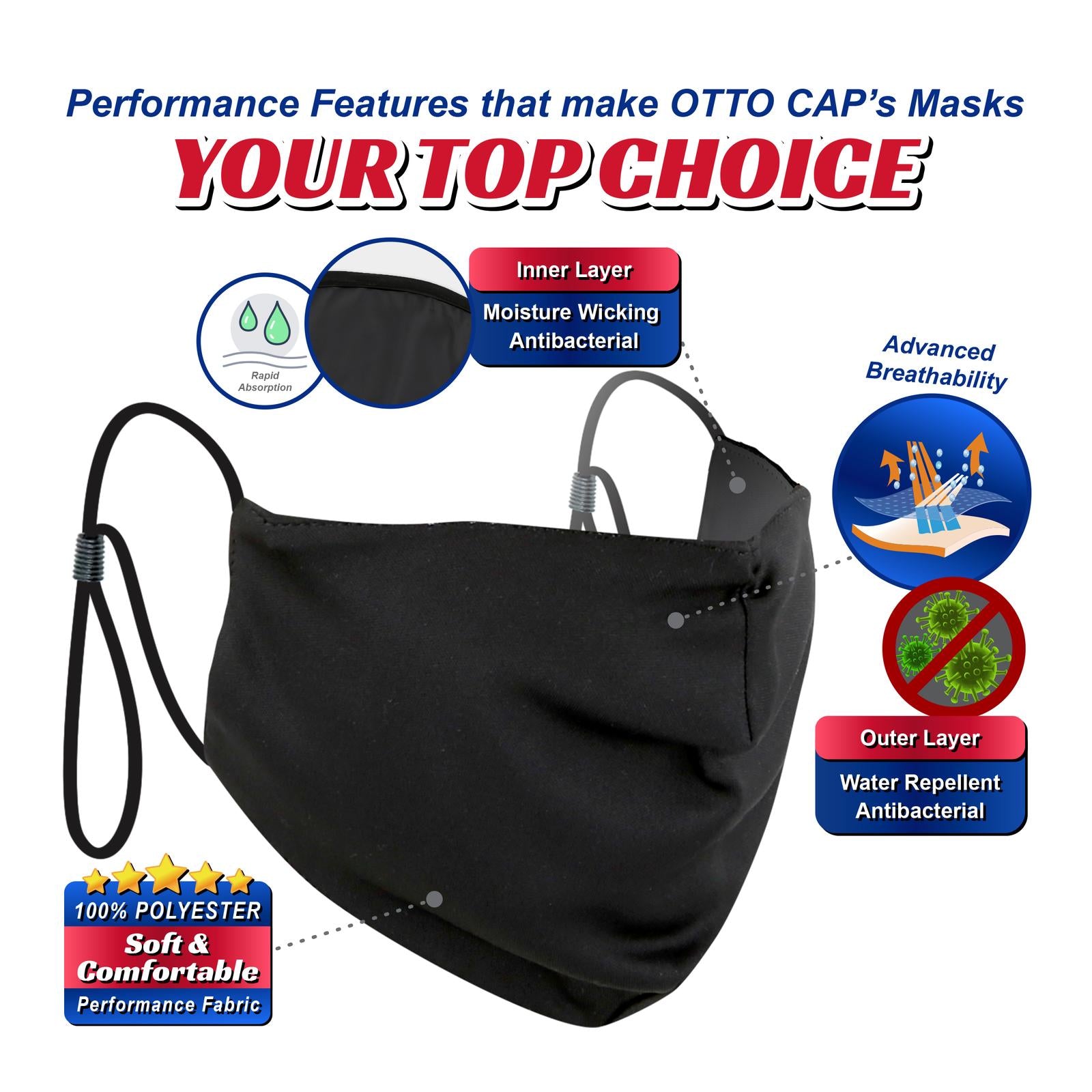 Custom Embroidered or DTF Printed - OTTO CAP® Contoured Face Mask w/ Adjustable Straps & Nose Strip