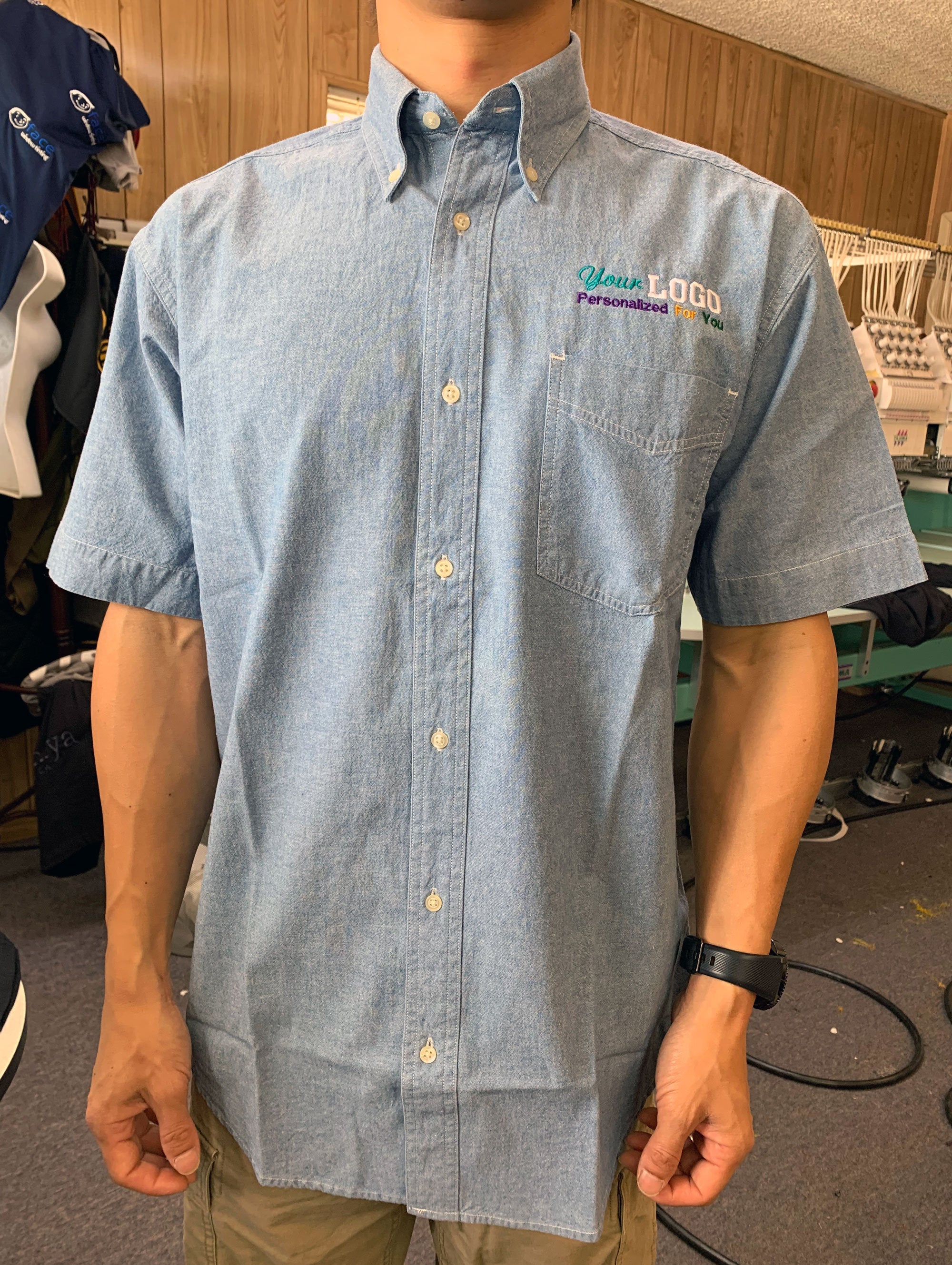 Custom Embroidered Lightweight Short Sleeve Chambray Shirt - 100% Cott