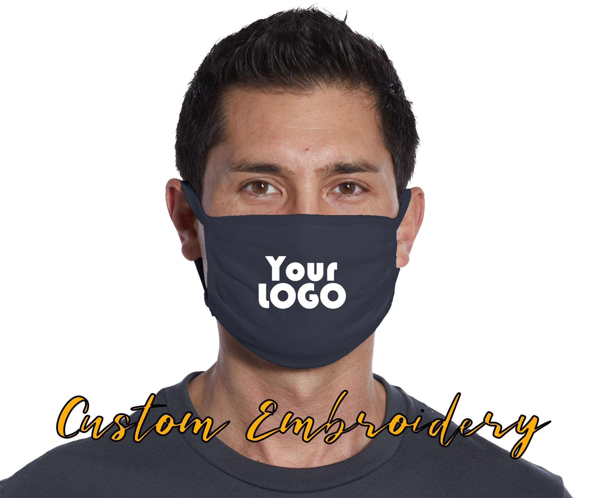 Custom Embroidered Cotton Knit Face Mask - Embroider up to 3in W x 2.5in H - 3-Ply Mask