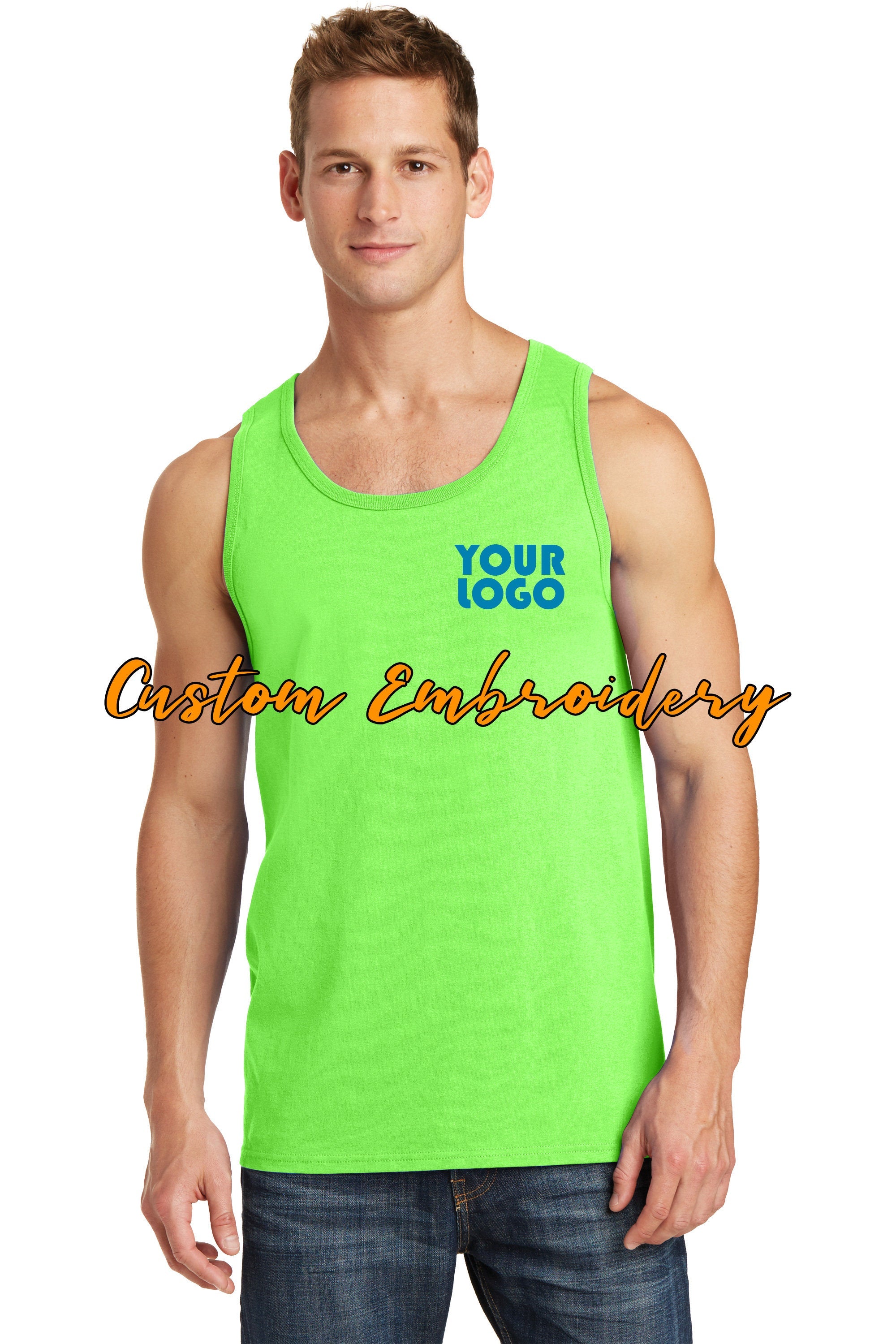 Custom Embroidery on Core Cotton Tank Top - Includes one 4in x 4in Embroidery- No Setup - Personalized Tank Top