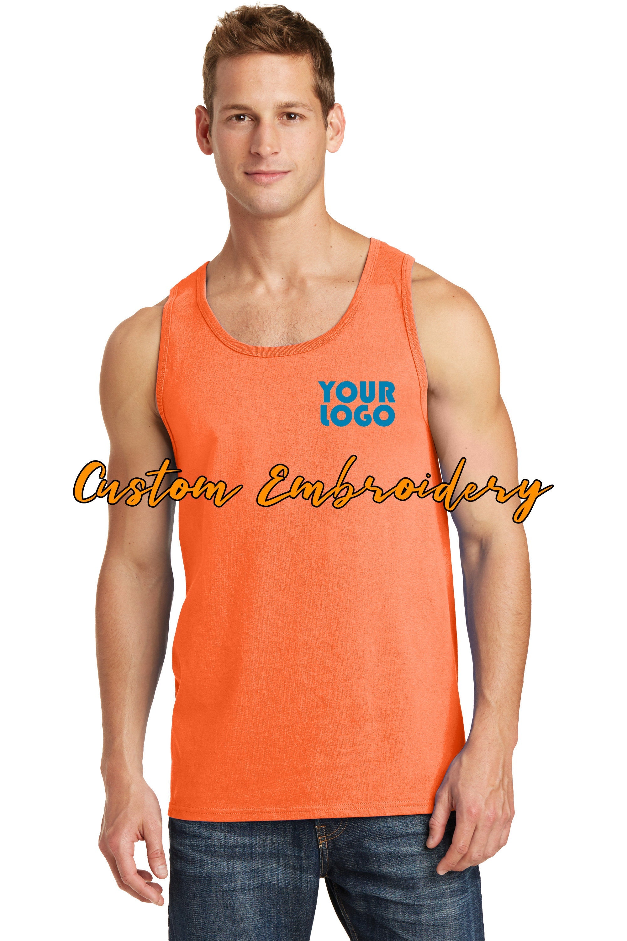 Custom Embroidery on Core Cotton Tank Top - Includes one 4in x 4in Embroidery- No Setup - Personalized Tank Top