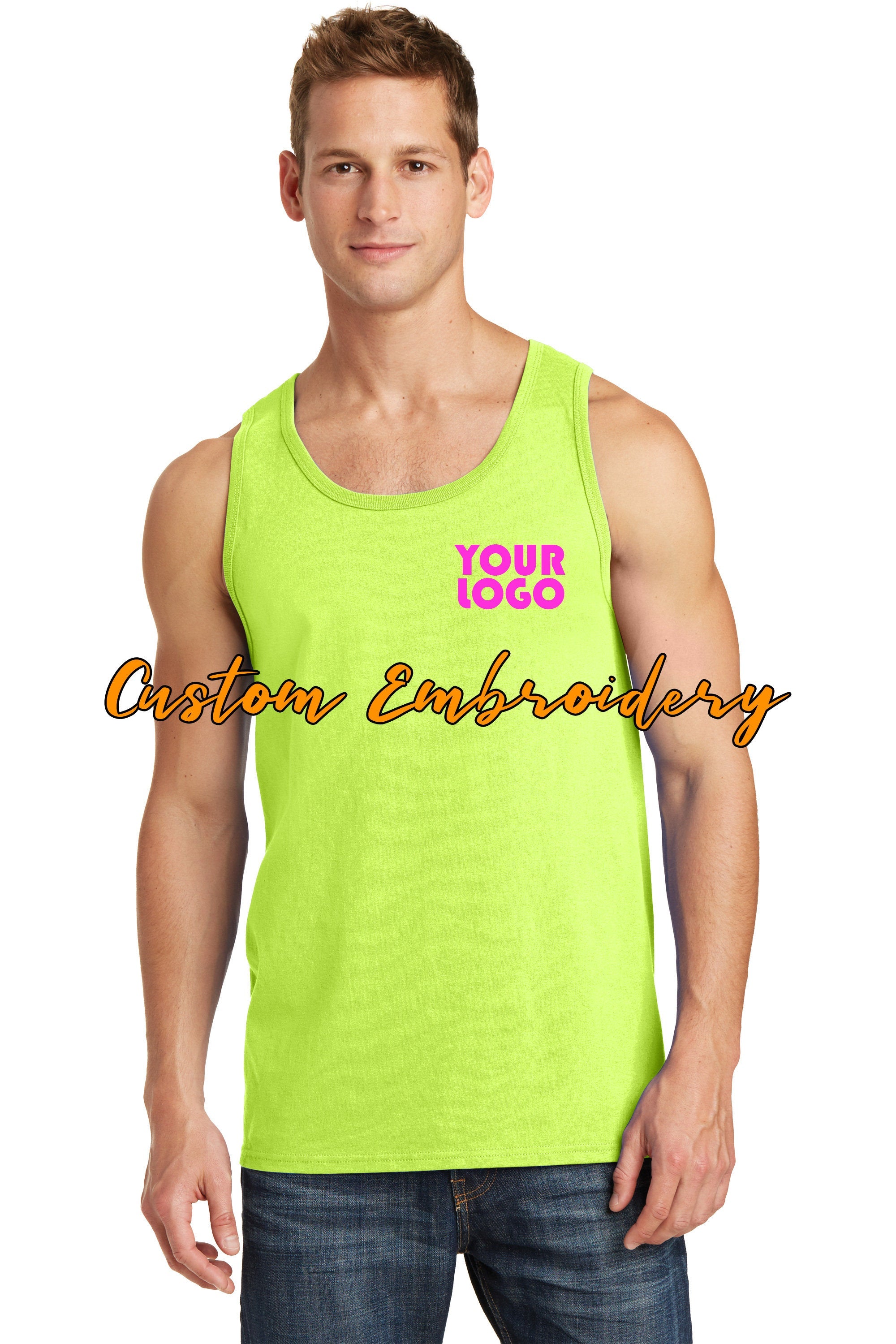 Custom Embroidery on Core Cotton Tank Top - Includes one 4in x 4in Embroidery- No Setup - Personalized Tank Top