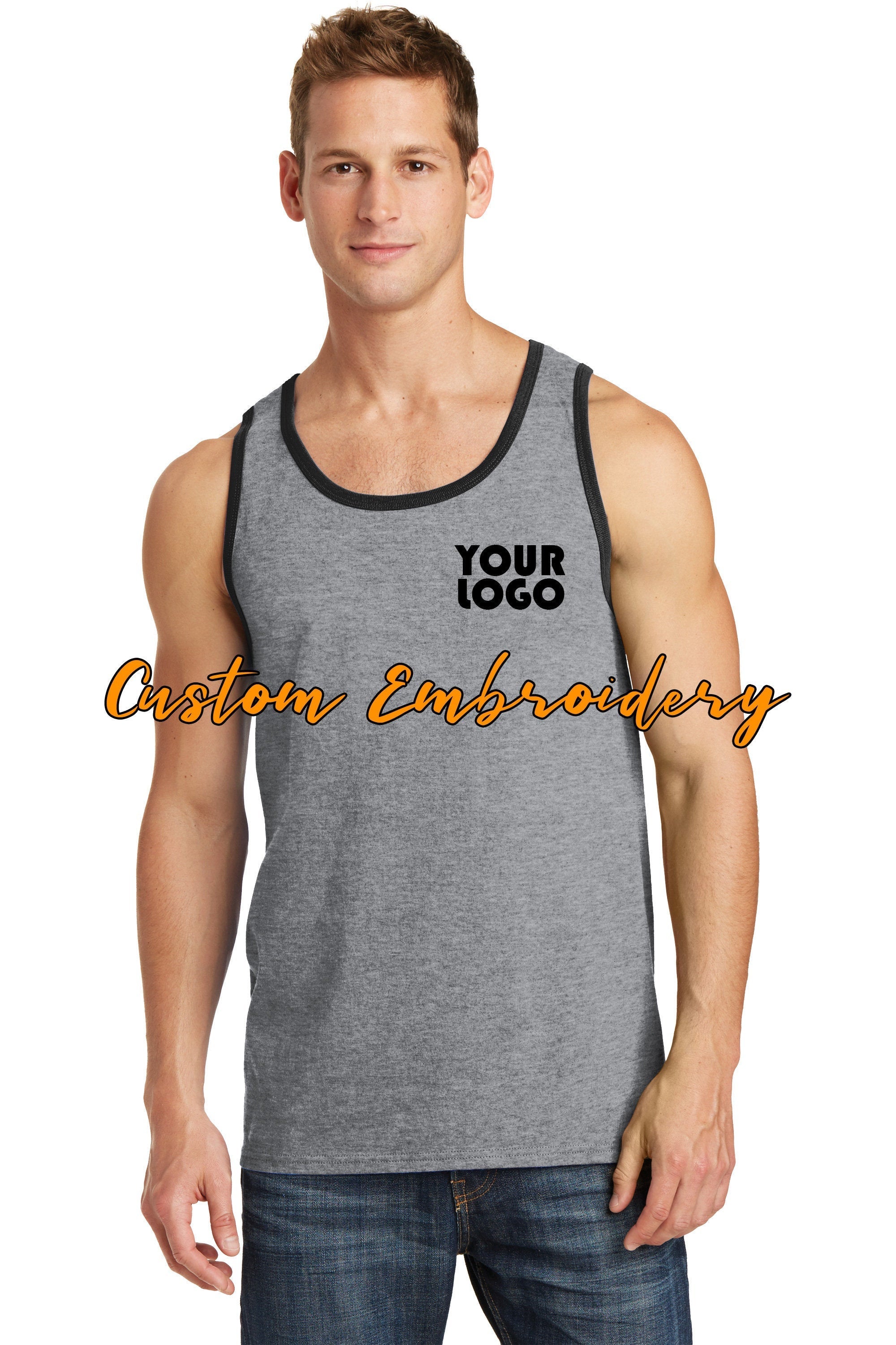 Custom Embroidery on Core Cotton Tank Top - Includes one 4in x 4in Embroidery- No Setup - Personalized Tank Top