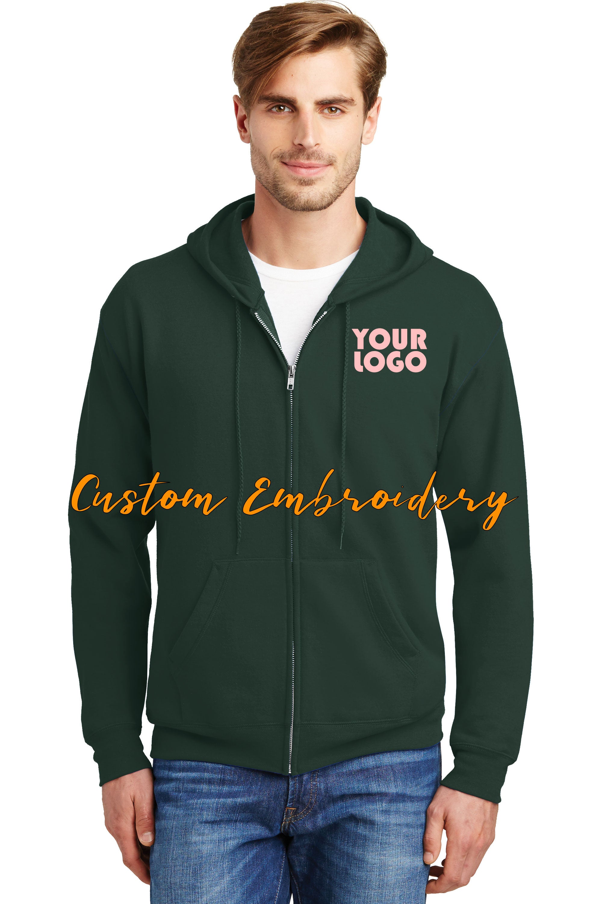 Custom Embroidered Hanes - EcoSmart Full-Zip Hooded Sweatshirt -Personalize with your Logo - 4in x 4in Embroidery Included